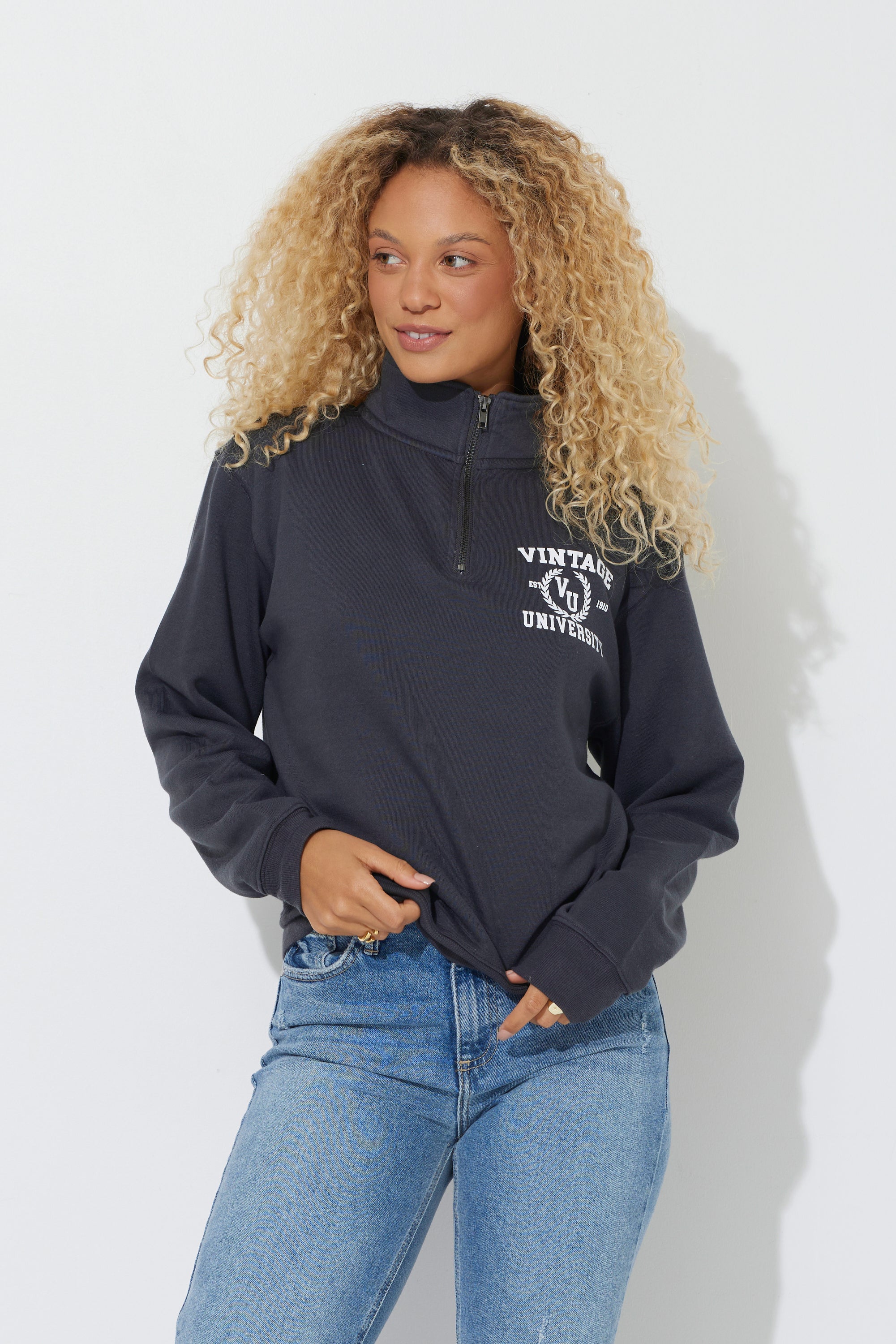 Black "Vintage University" Quarter Pigment Dyed Zip Sweatshirt