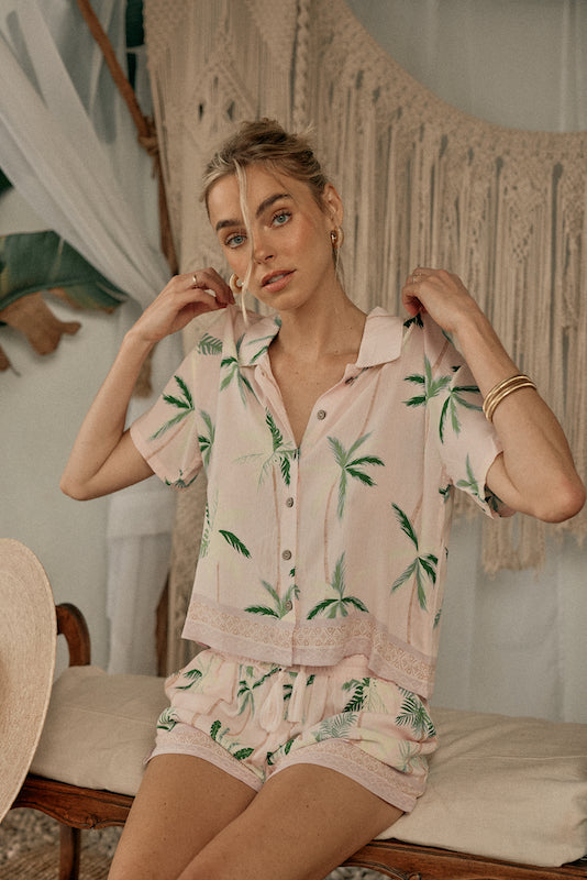 Baby Pink W/ Tonal Green Printed Rayon Crinkle Camp Shirt