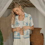 White W/ Tonal Palm Printed Rayon Crinkle Camp Shirt