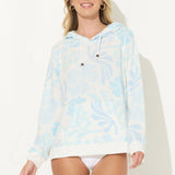 Blue Retro Hibiscus Printed Hacci Hoodie Hacci Hoodie