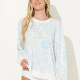 Blue Retro Hibiscus Printed Hacci Crewneck