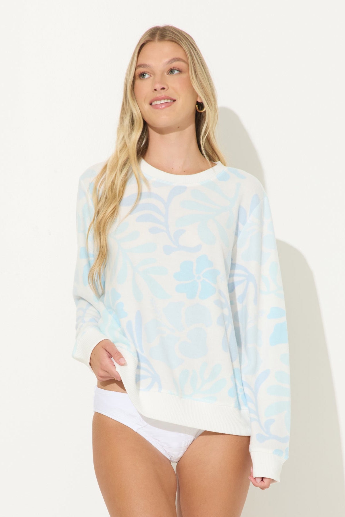 Blue Retro Hibiscus Printed Hacci Crewneck