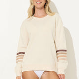 Coconut w/ neutral stripes Heather Fleece w/ stripe crewneck