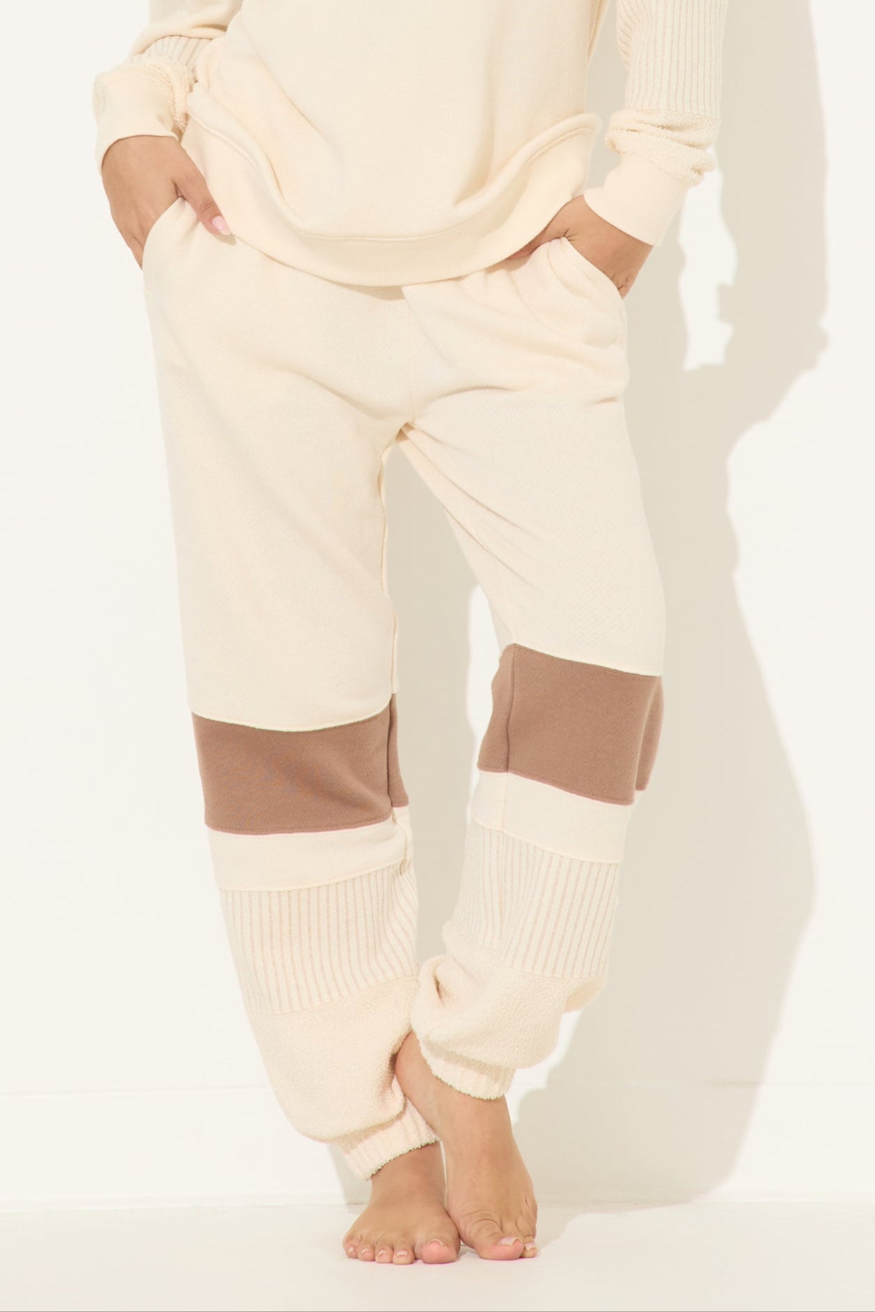 Coconut White Warm Sand and Neutral Stripes French Terry Solid Strip Jogger