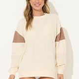 Coconut White Warm Sand and Neutral Stripes French Terry Solid Strip Crewneck