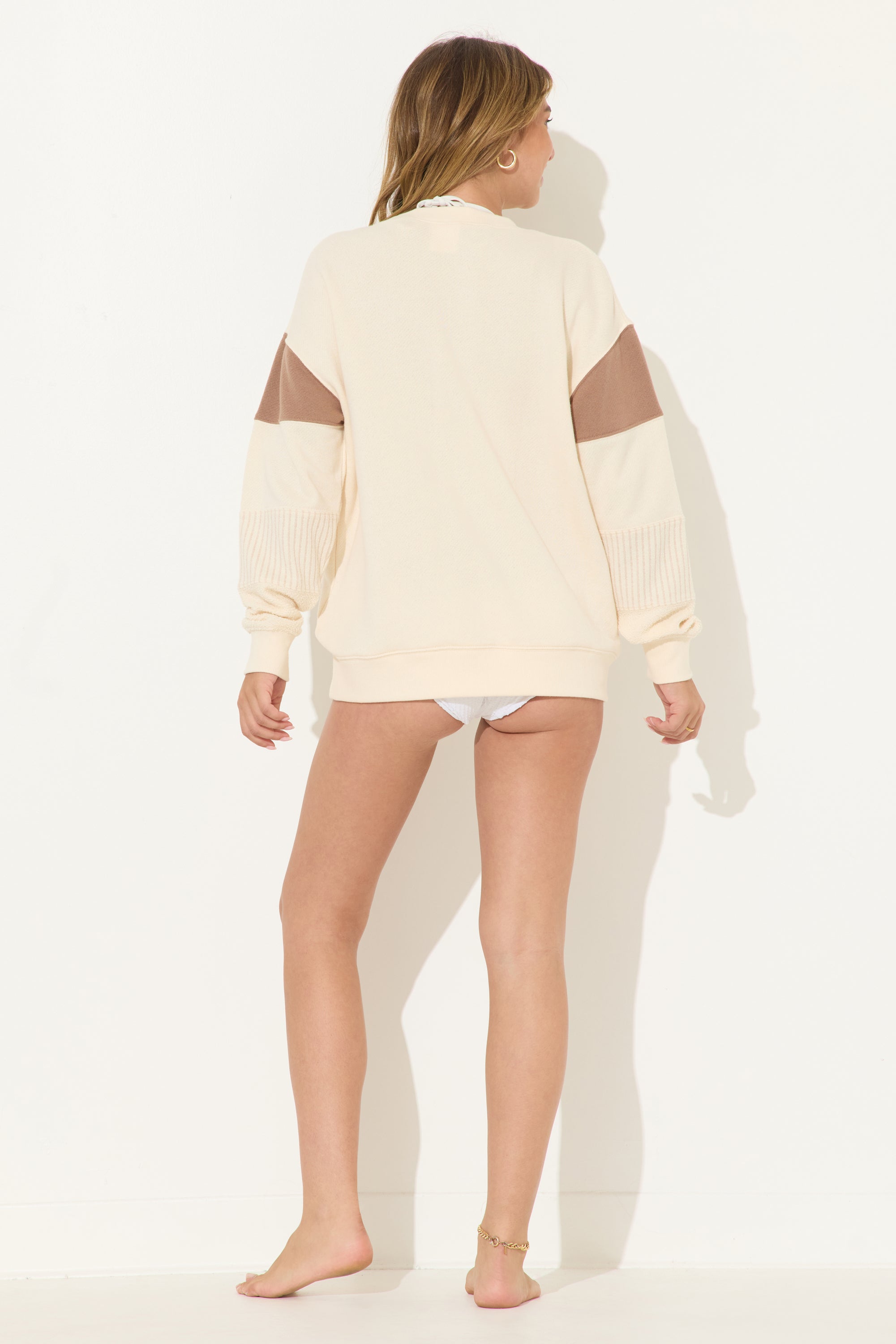 Coconut White Warm Sand and Neutral Stripes French Terry Solid Strip Crewneck