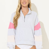 Ash Grey Blossom Pink and Candy Stripes French Terry Solid Stripe Quarter Zip