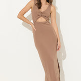 Brown Rib Knit Cut Out Maxi Dress