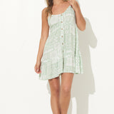 Sage Tropical Patchwork Button Front Mini Dress