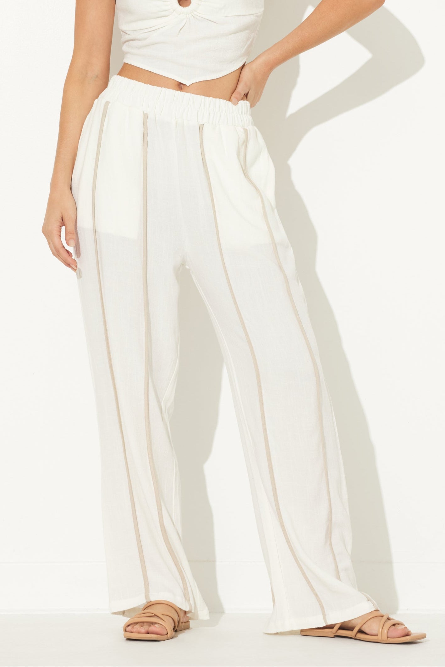 White & Tan Linen Pant w/ Piping