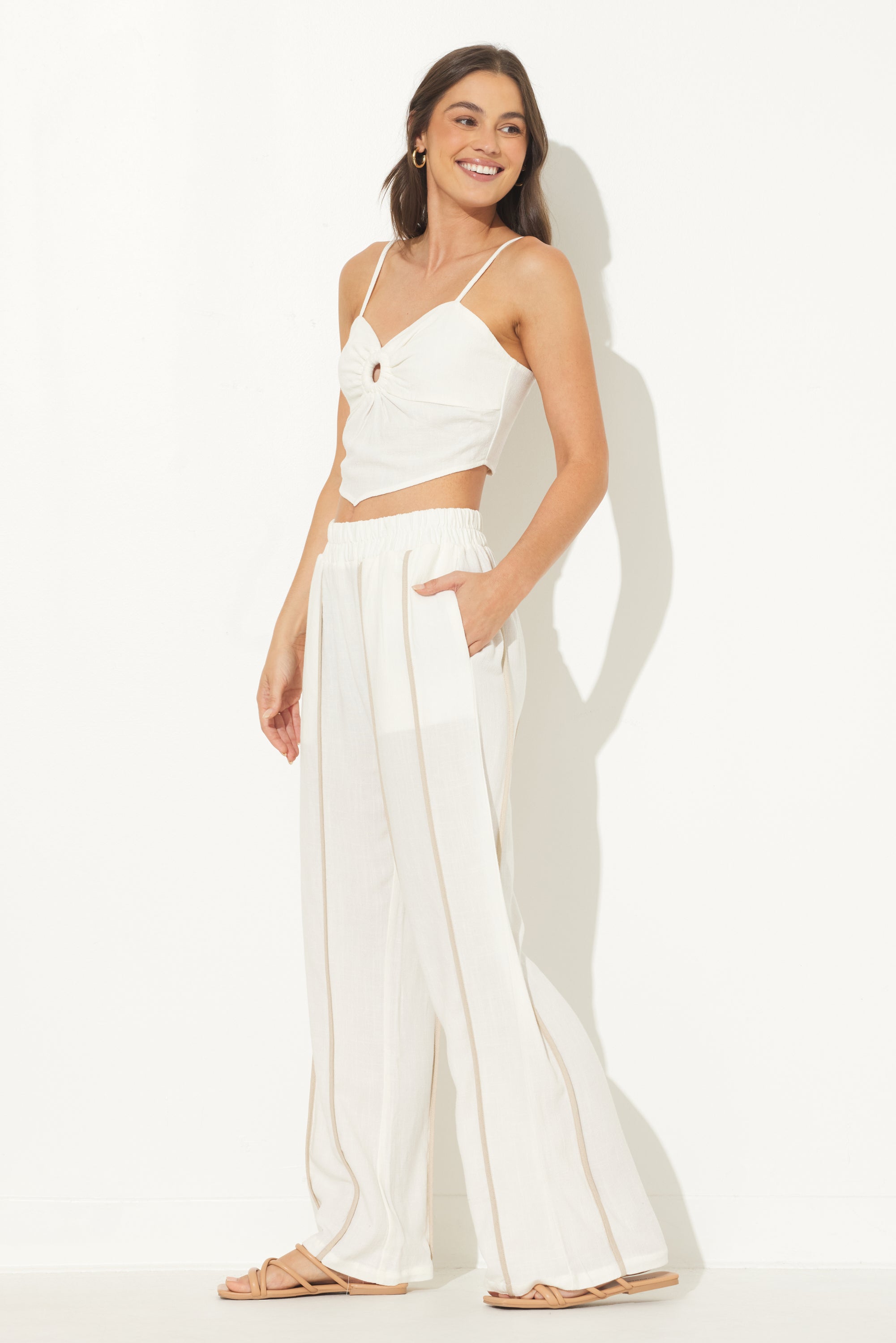 White & Tan Linen Pant w/ Piping