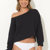 Black Essential Fleece Off Shoulder Top