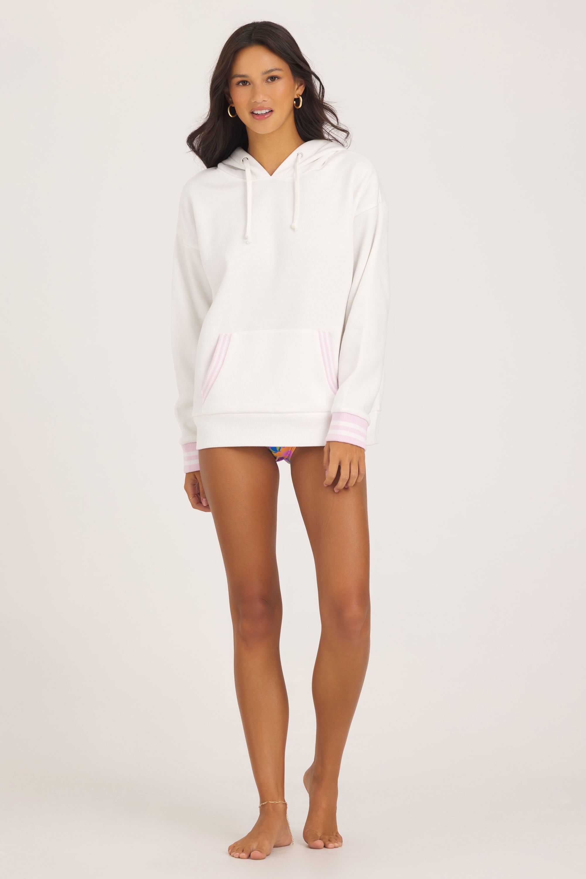 Varsity Fleece Stripe Hoodie - White with Paradise Pink