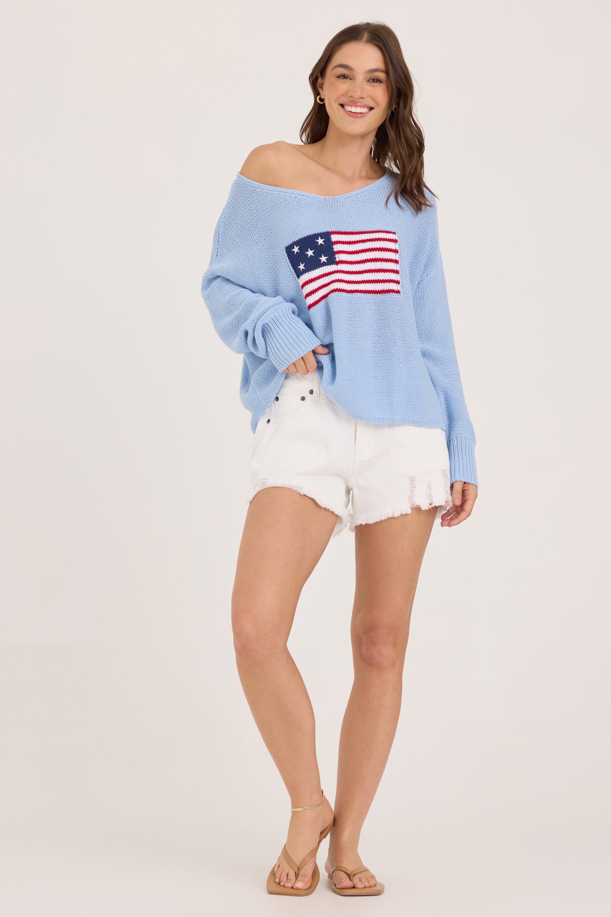 American Flag Graphic Sweater - Lt Blue