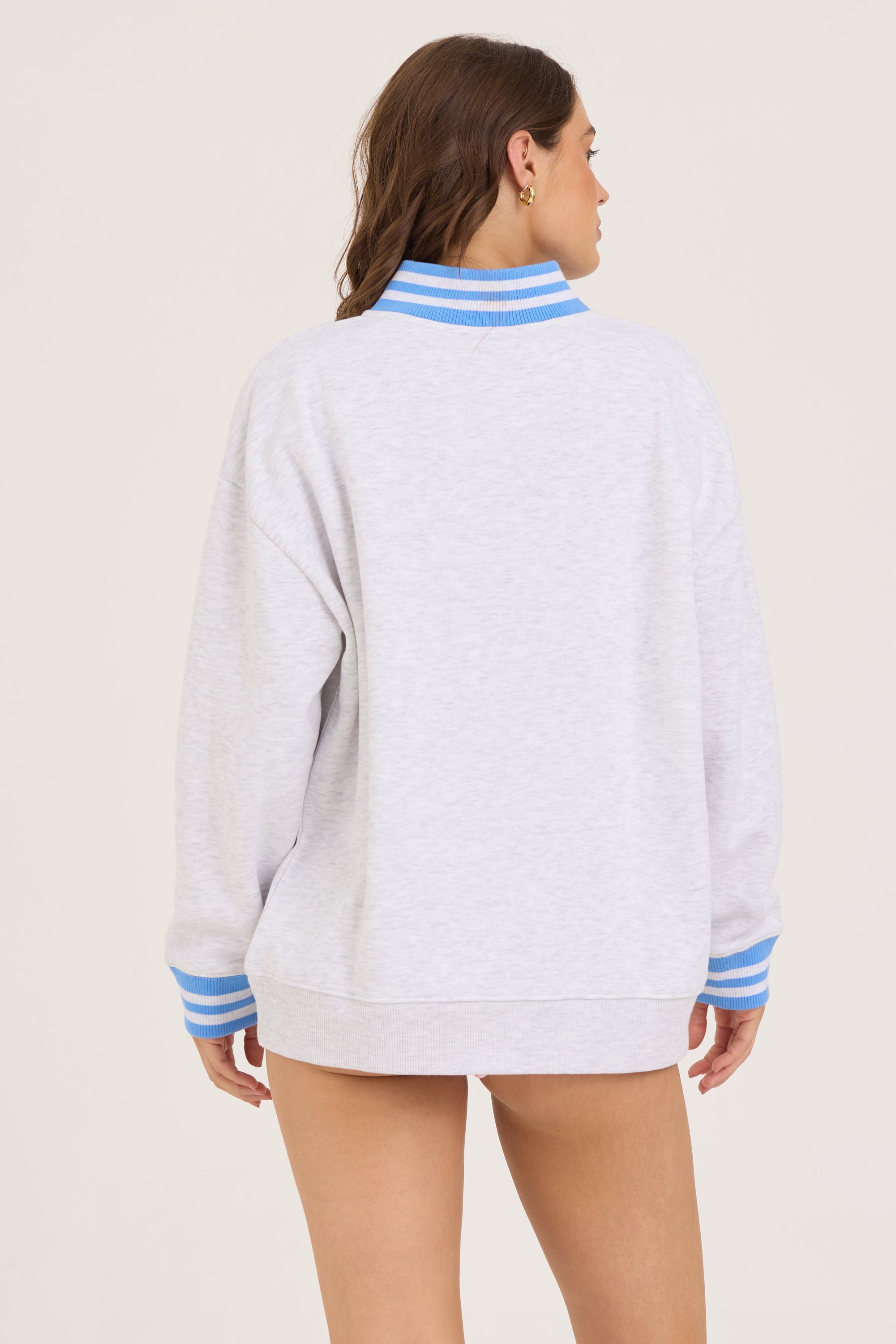 Varsity Fleece Stripe Quarter Zip - Heather Grey with Blue