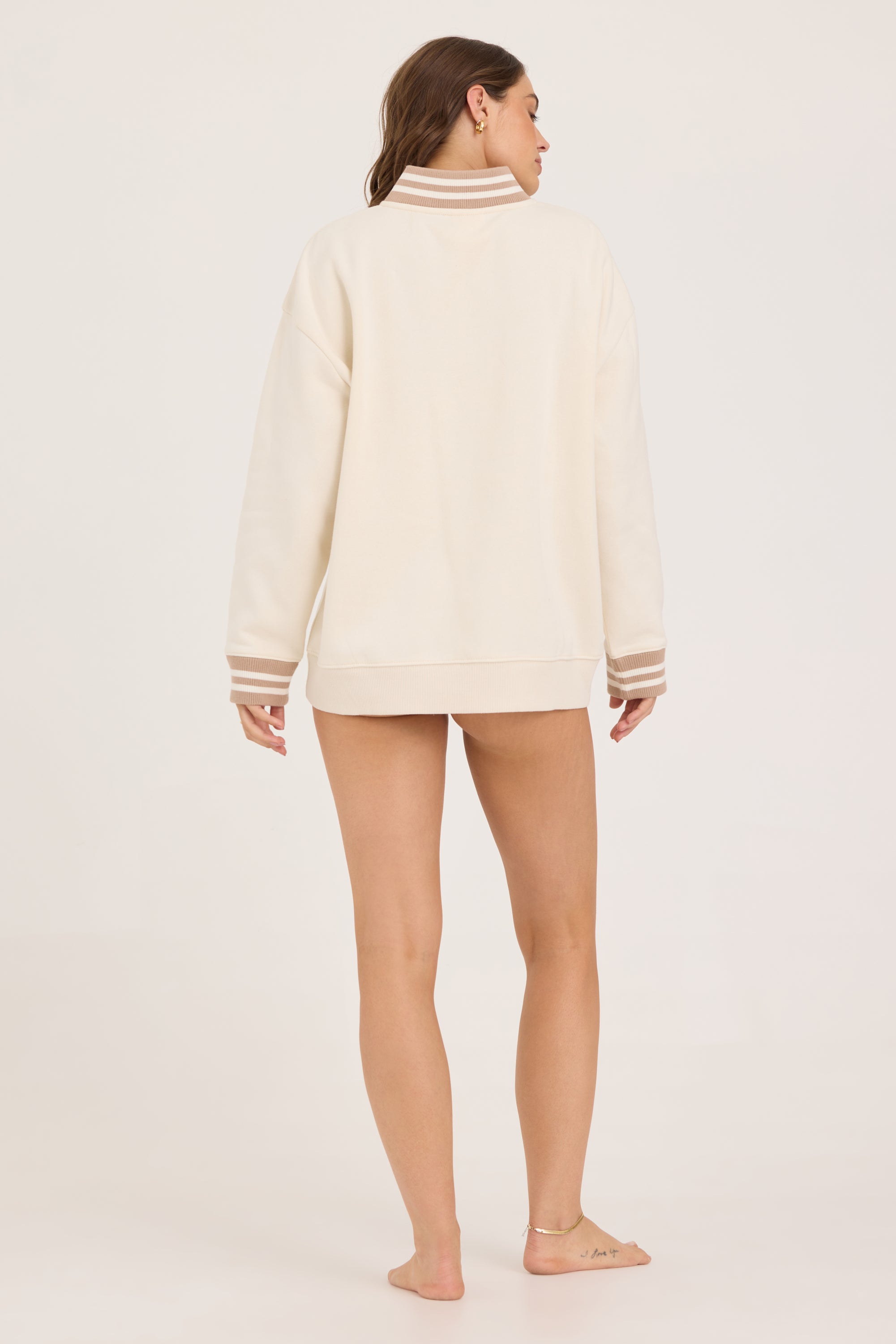 Varsity Fleece Stripe Quarter Zip - Coconut with Cappuccino