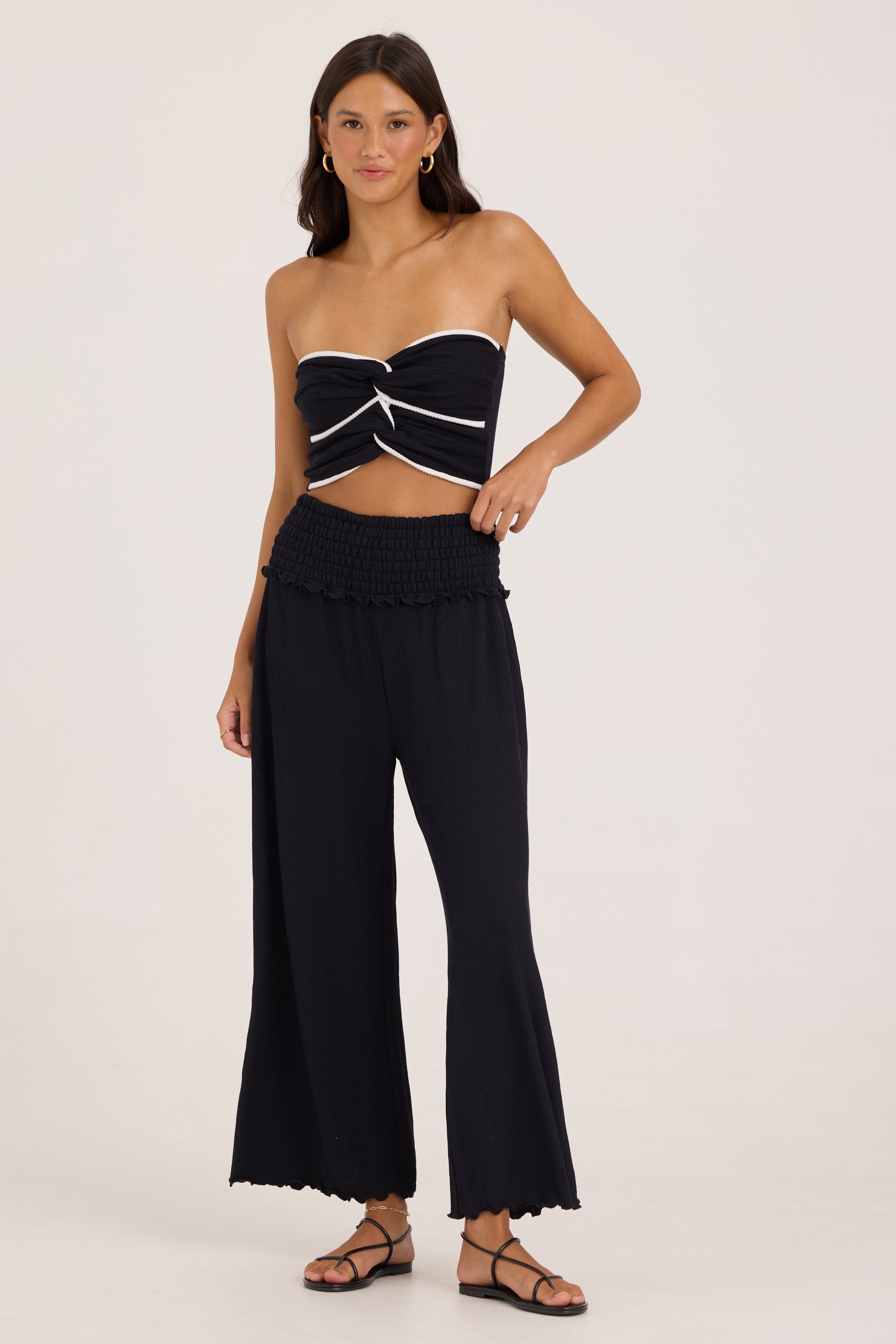 Rib Knit Smocked Waist Wide Leg Pant - Black