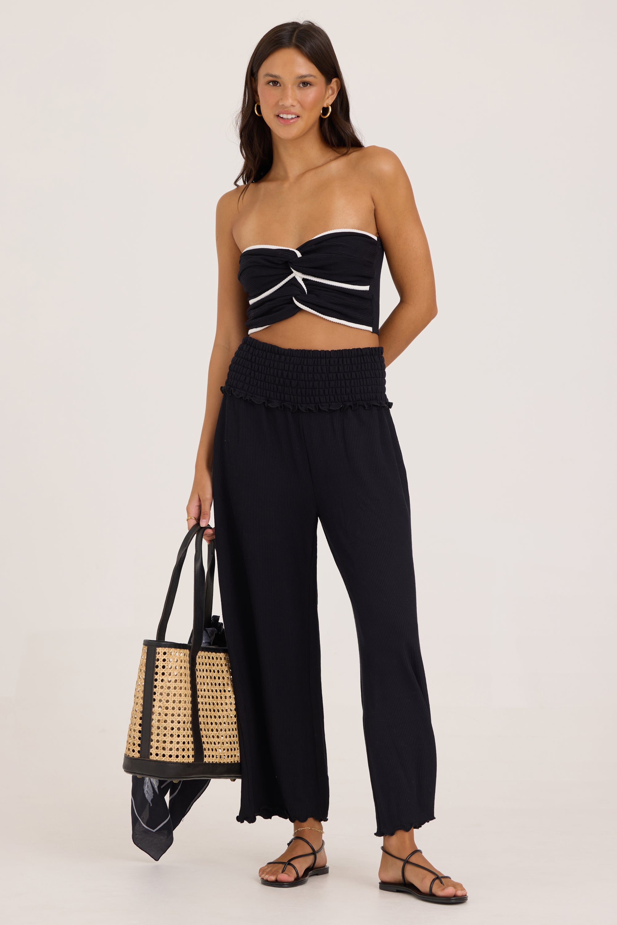 Rib Knit Smocked Waist Wide Leg Pant - Black