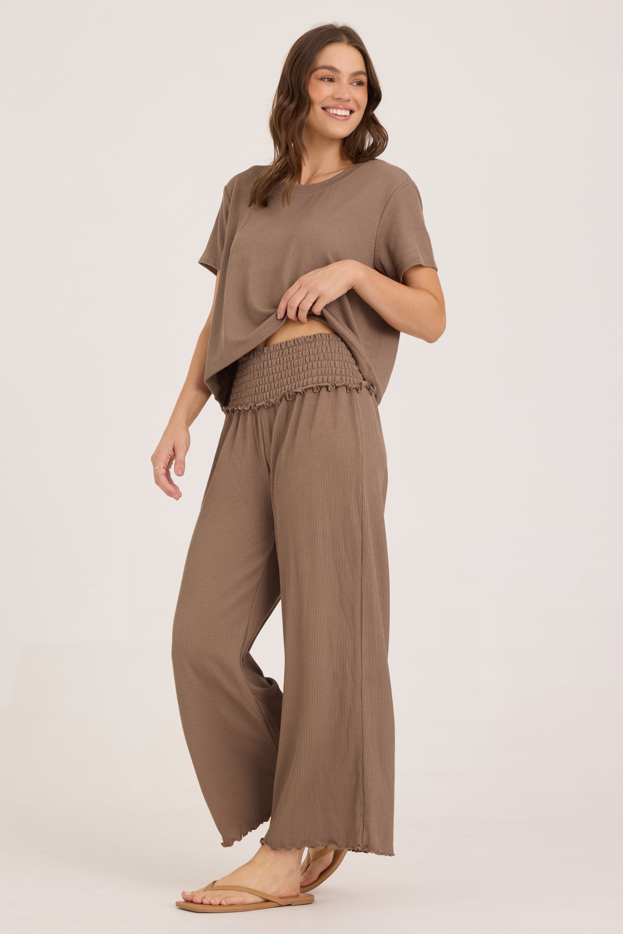 Rib Knit Smocked Waist Wide Leg Pant - Mocha