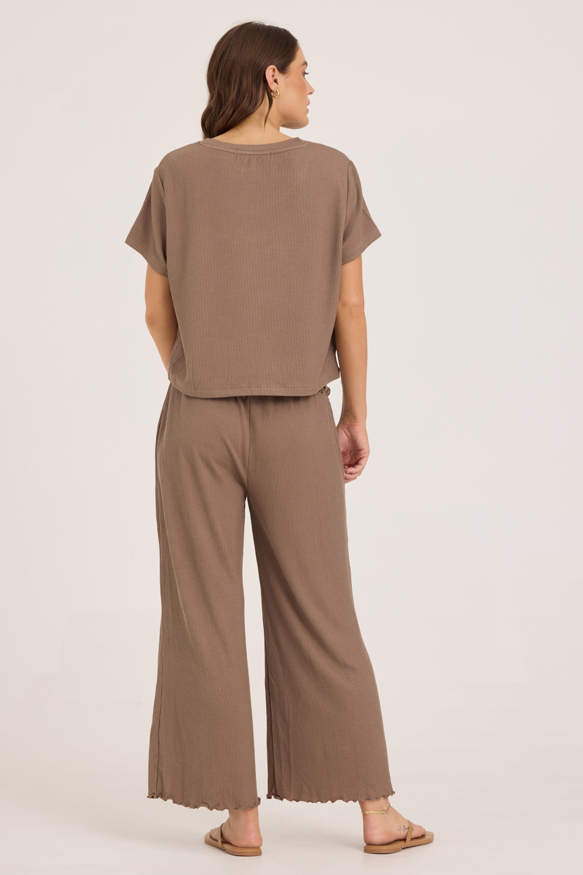 Rib Knit Smocked Waist Wide Leg Pant - Mocha