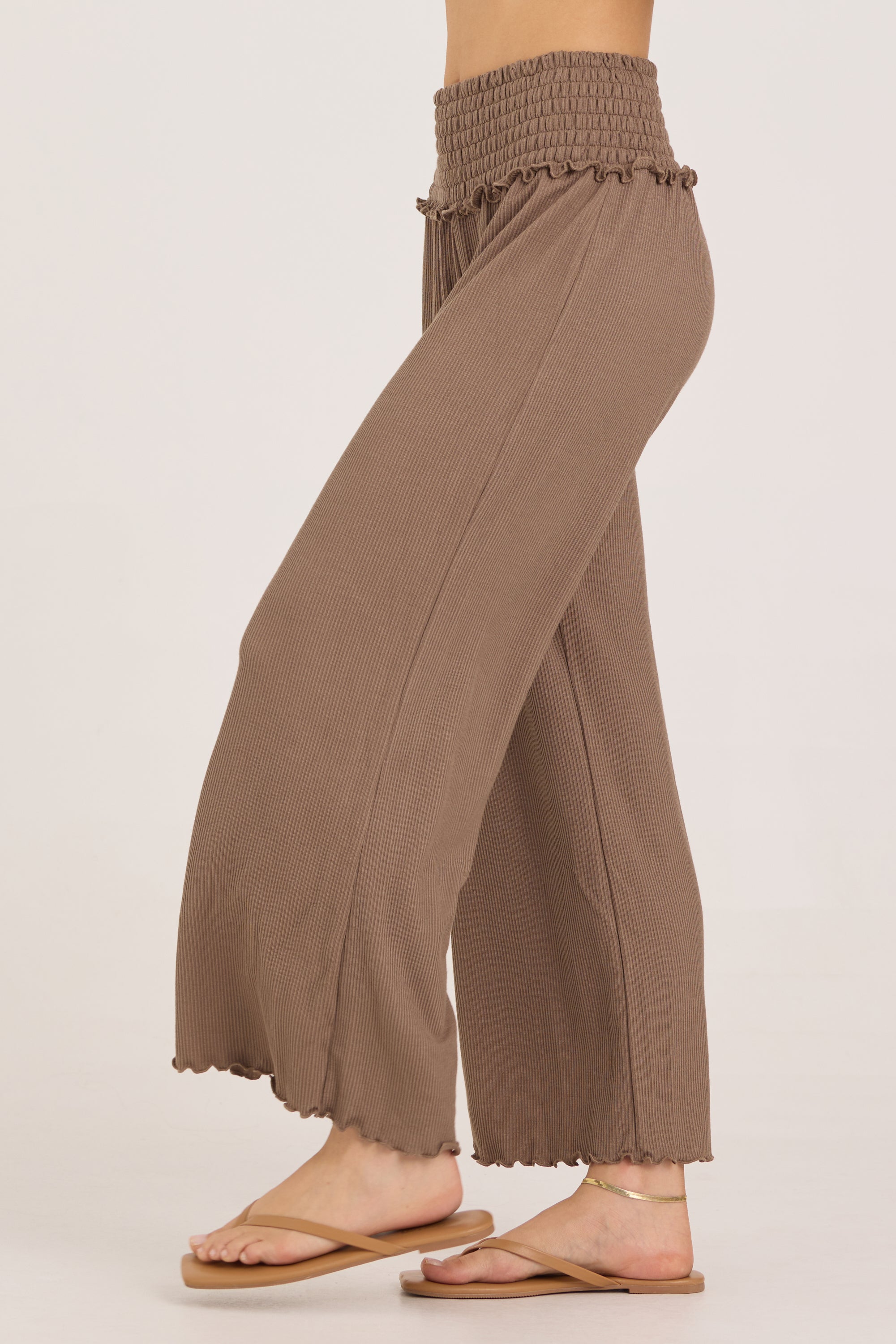 Rib Knit Smocked Waist Wide Leg Pant - Mocha