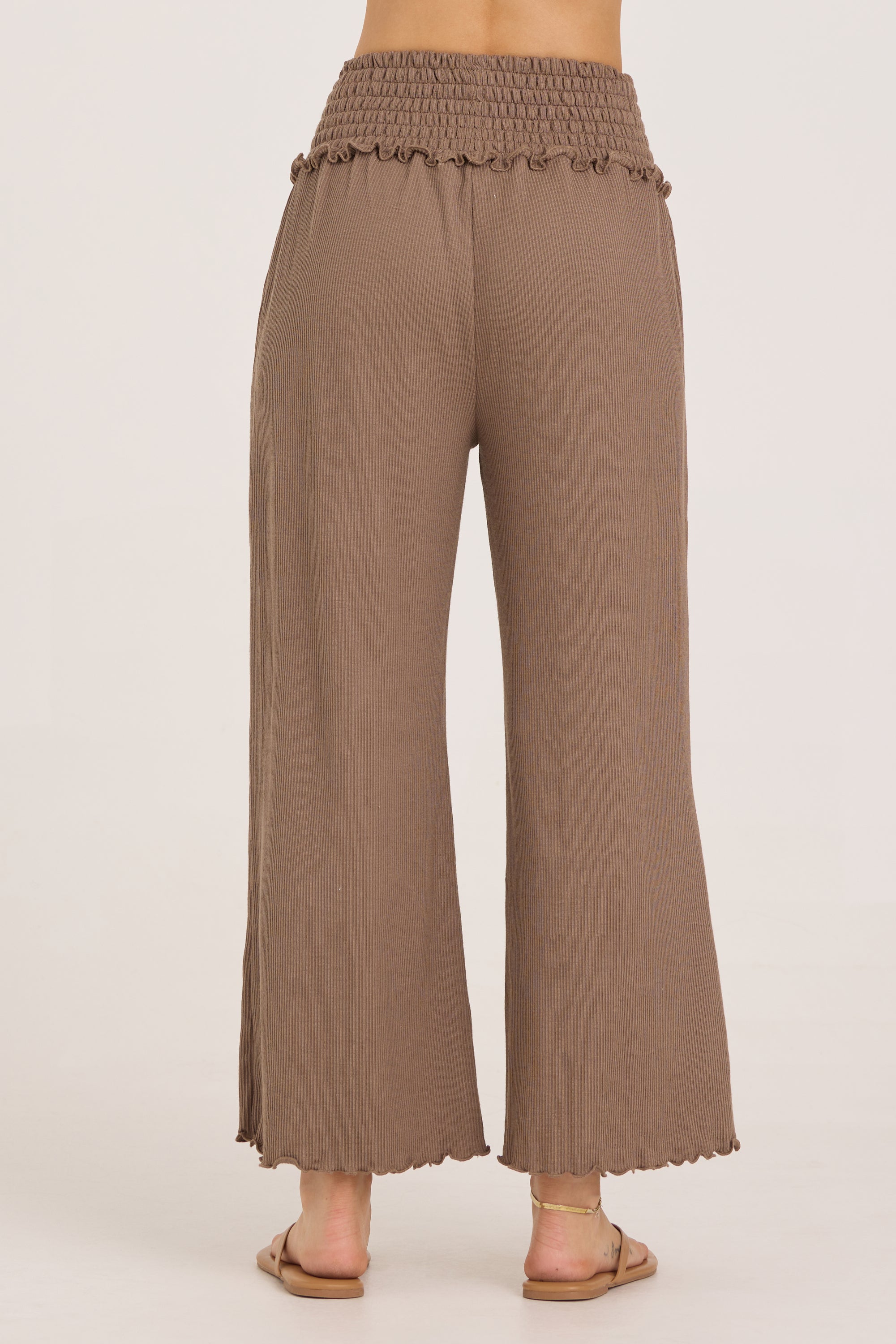 Rib Knit Smocked Waist Wide Leg Pant - Mocha