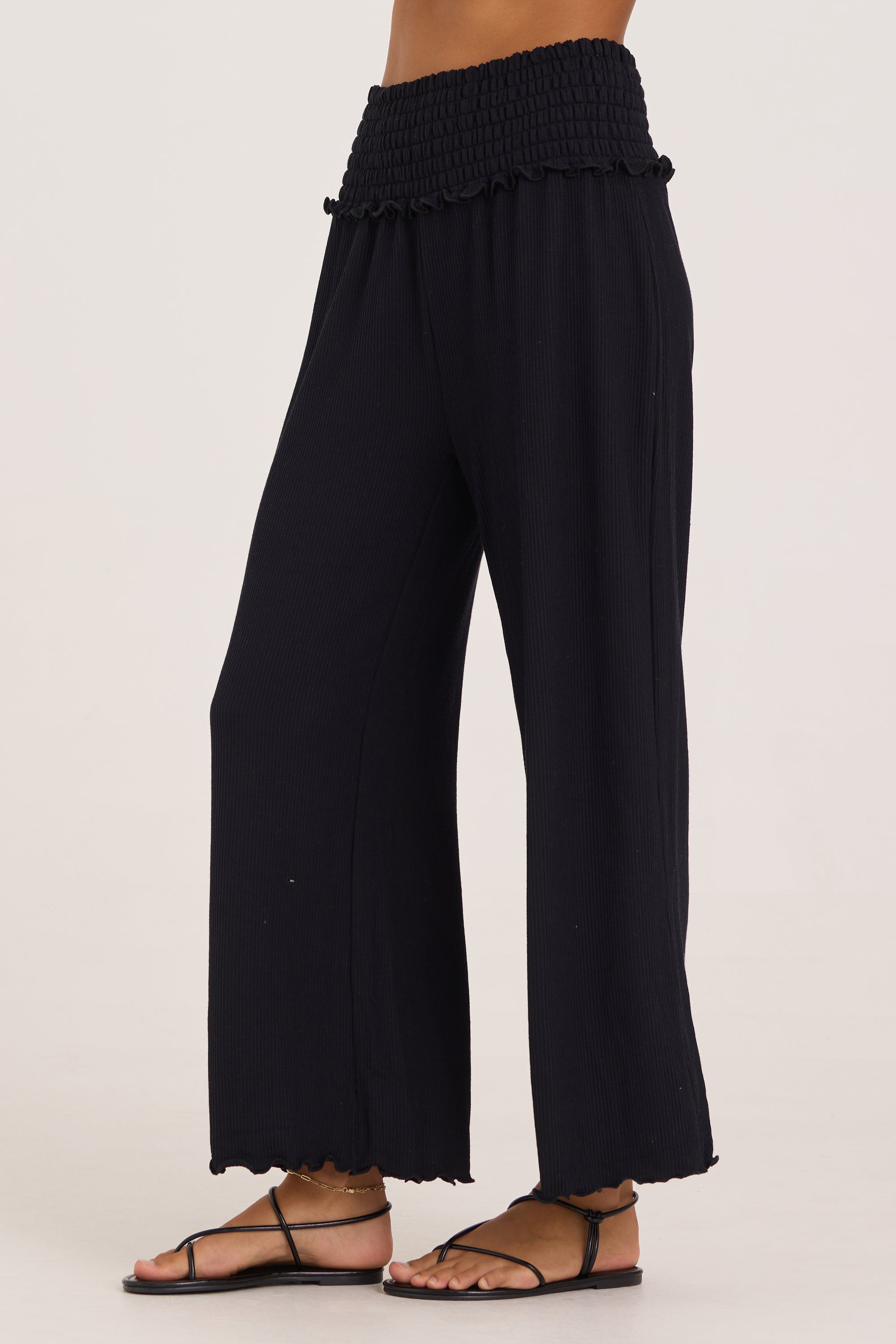 Rib Knit Smocked Waist Wide Leg Pant - Black