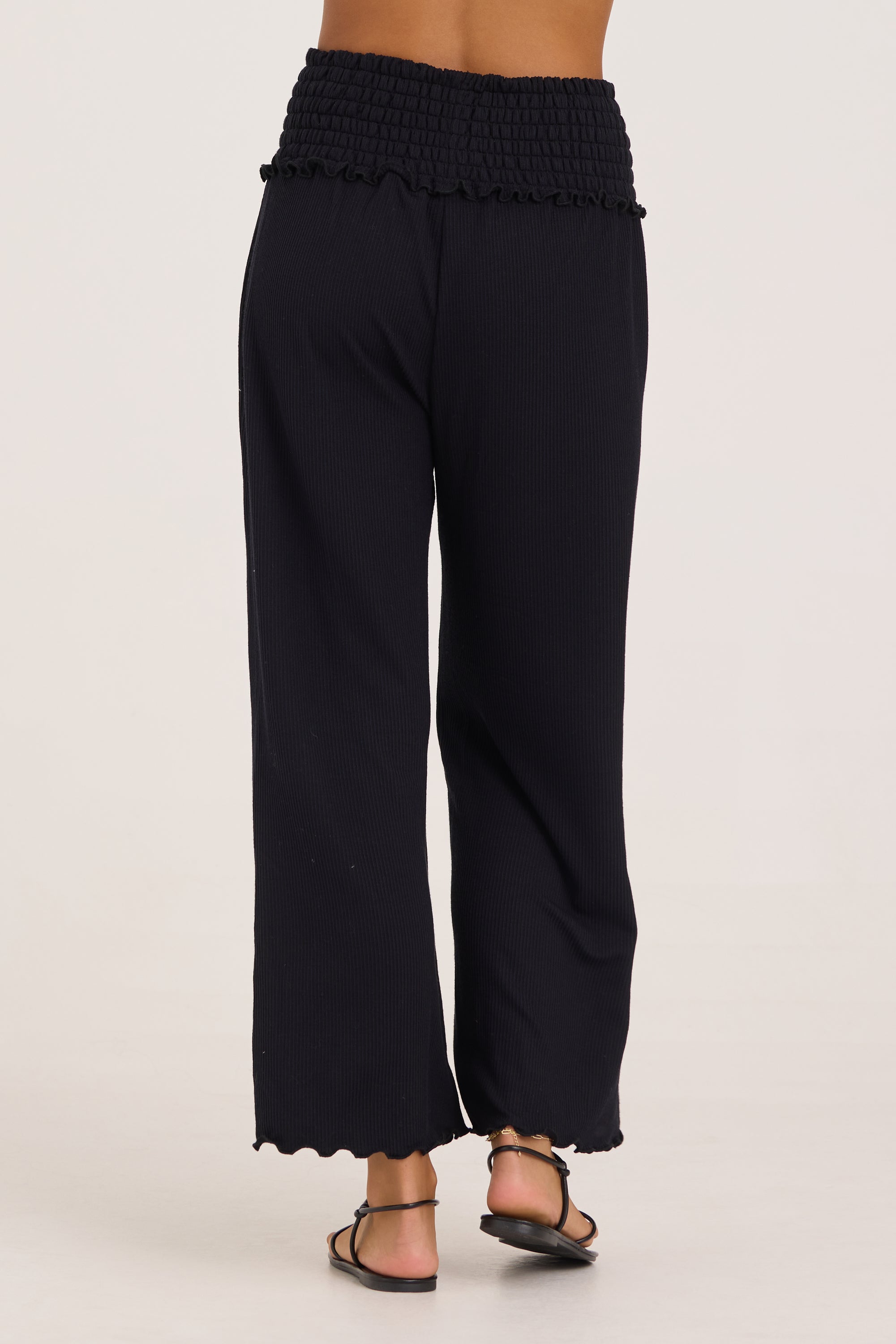 Rib Knit Smocked Waist Wide Leg Pant - Black