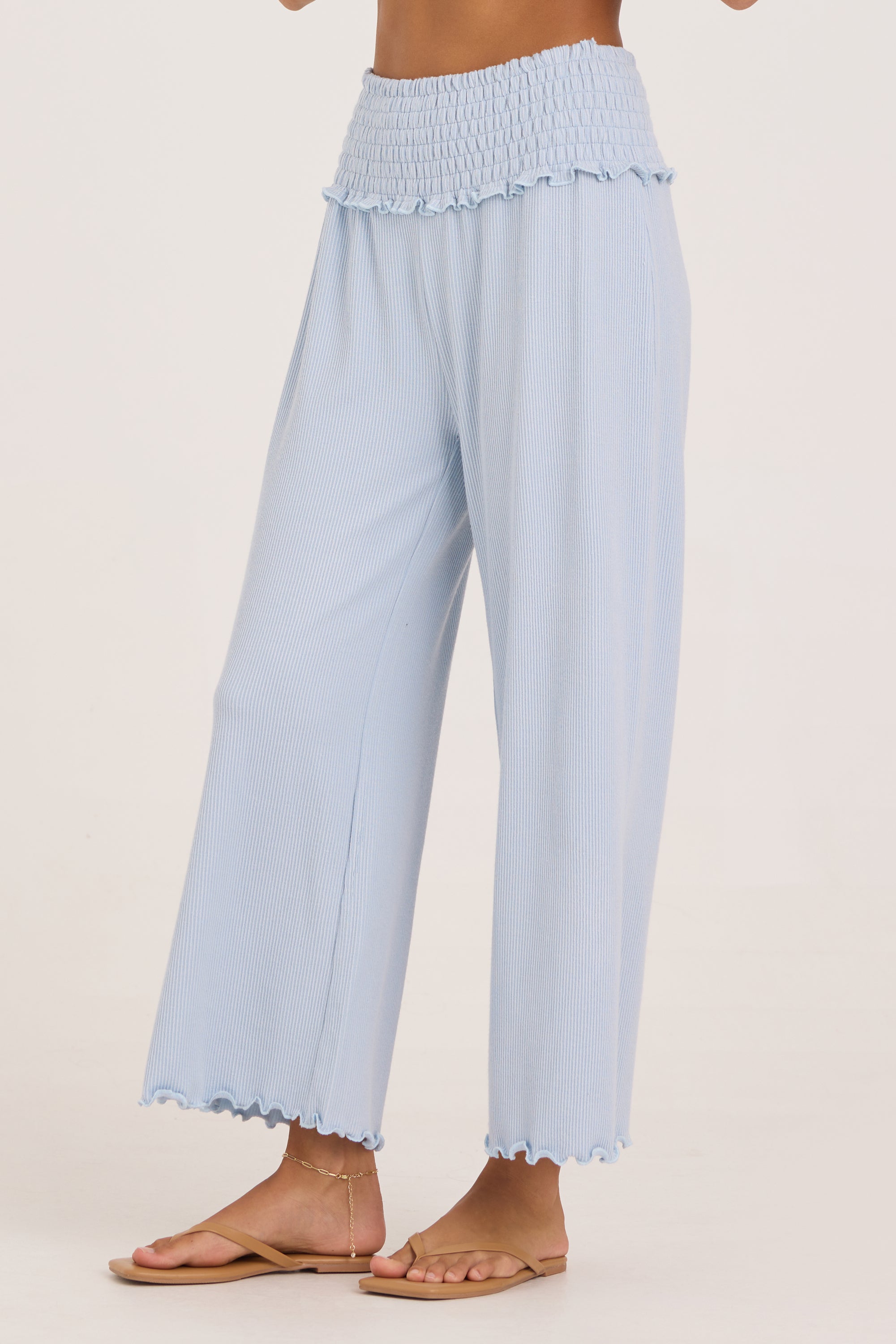 Rib Knit Smocked Waist Wide Leg Pant - Coastal Blue