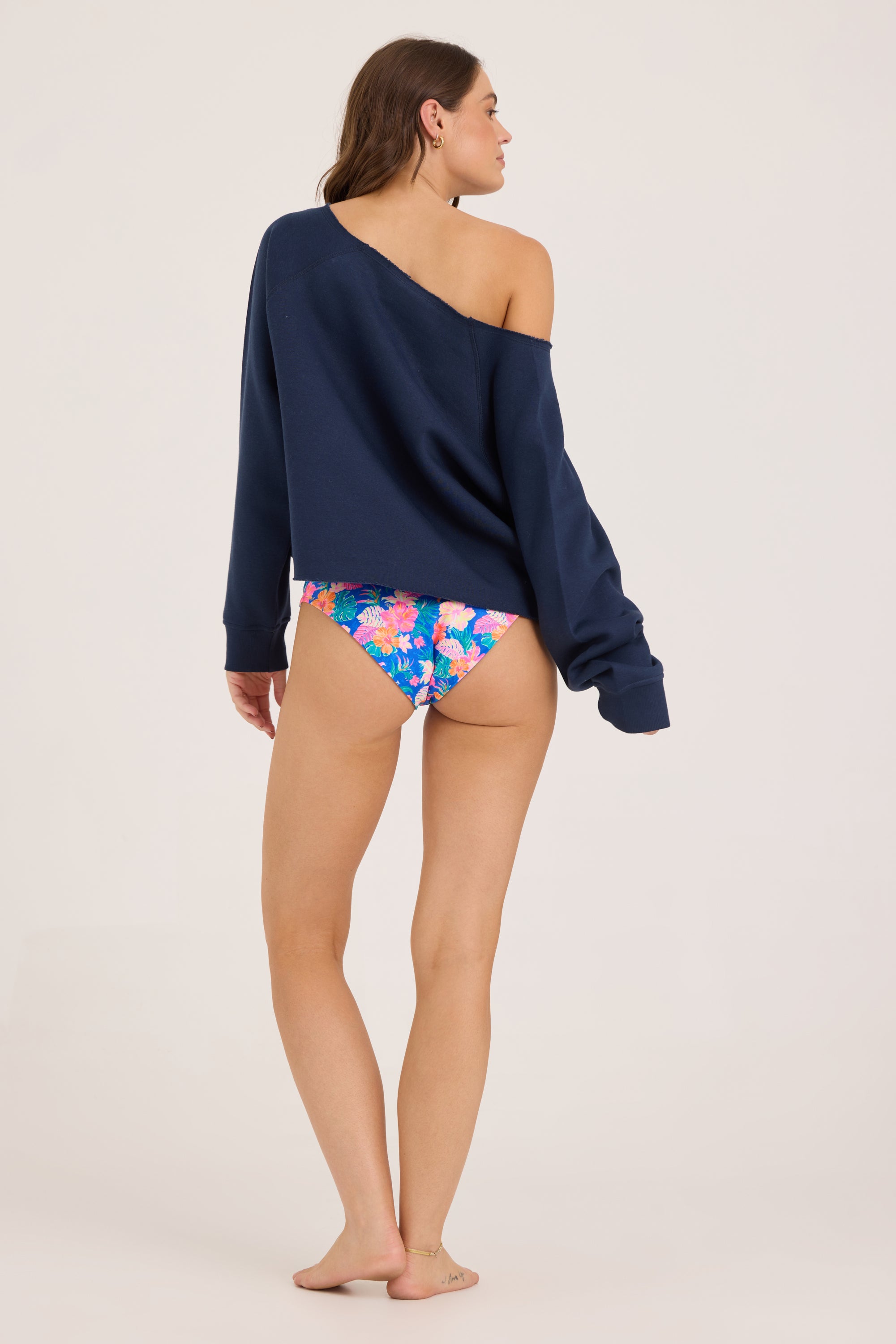 Essential Fleece Off Shoulder Top - Navy