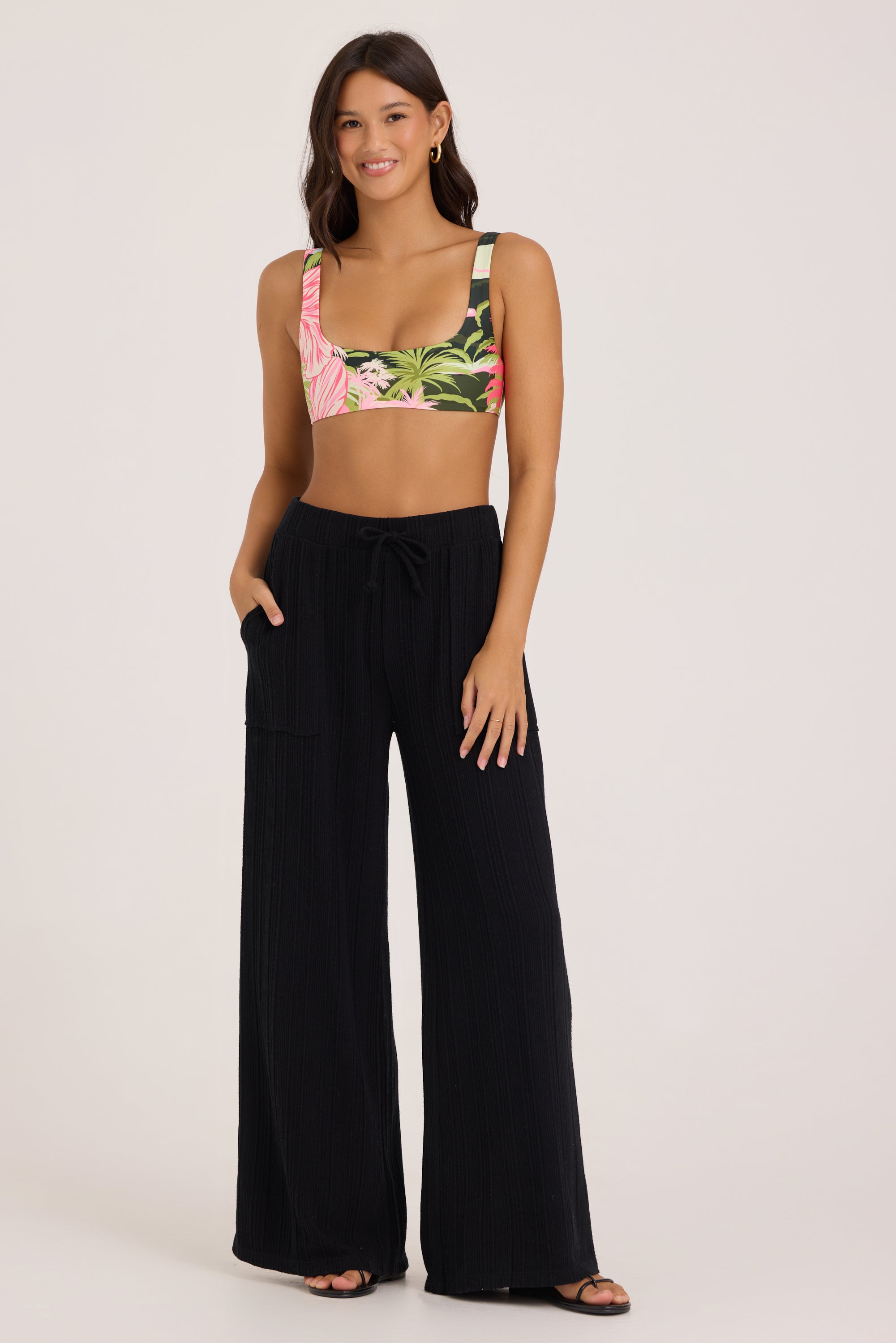 Novelty Rib Knit Wide Leg Pants - Black