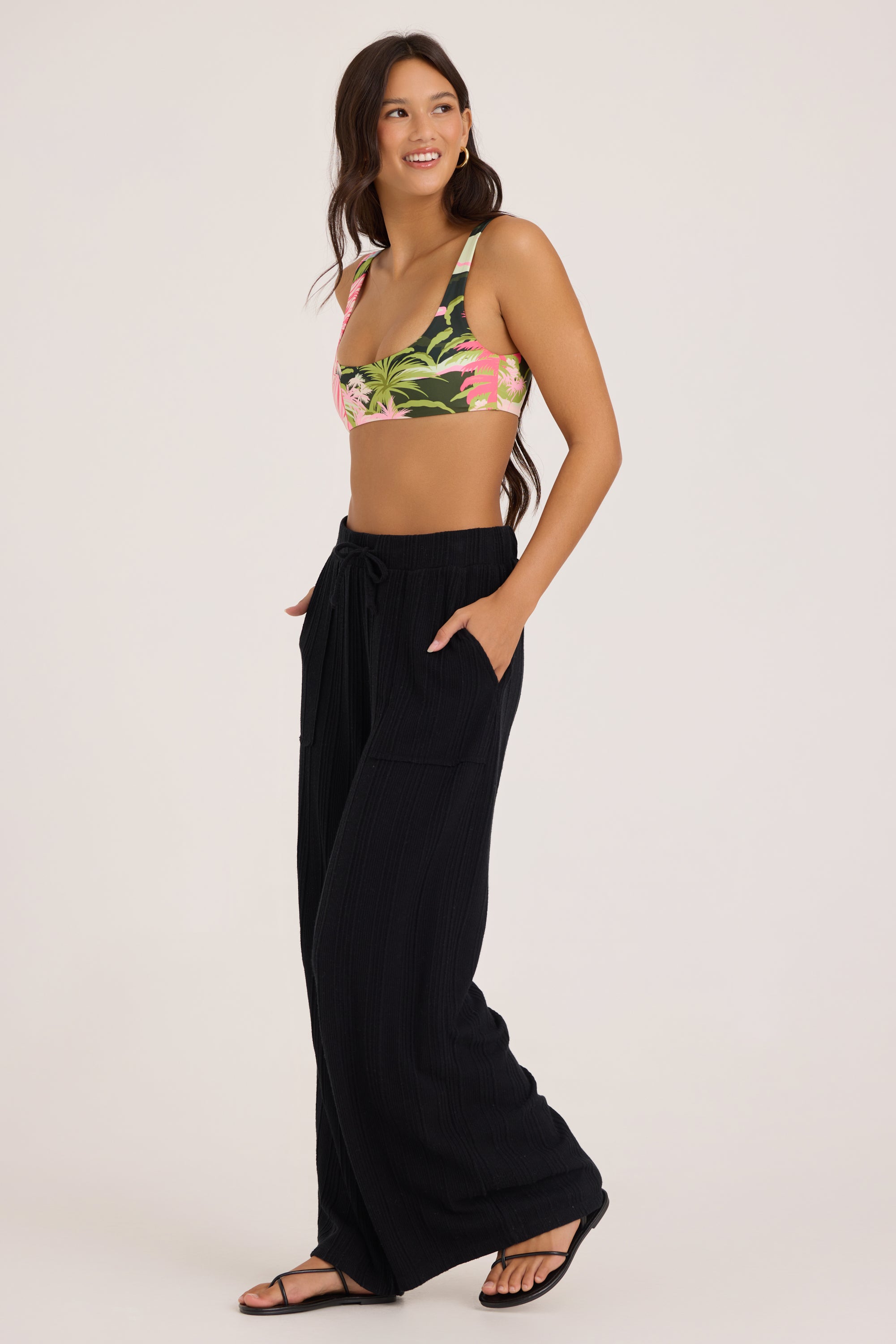 Novelty Rib Knit Wide Leg Pants - Black