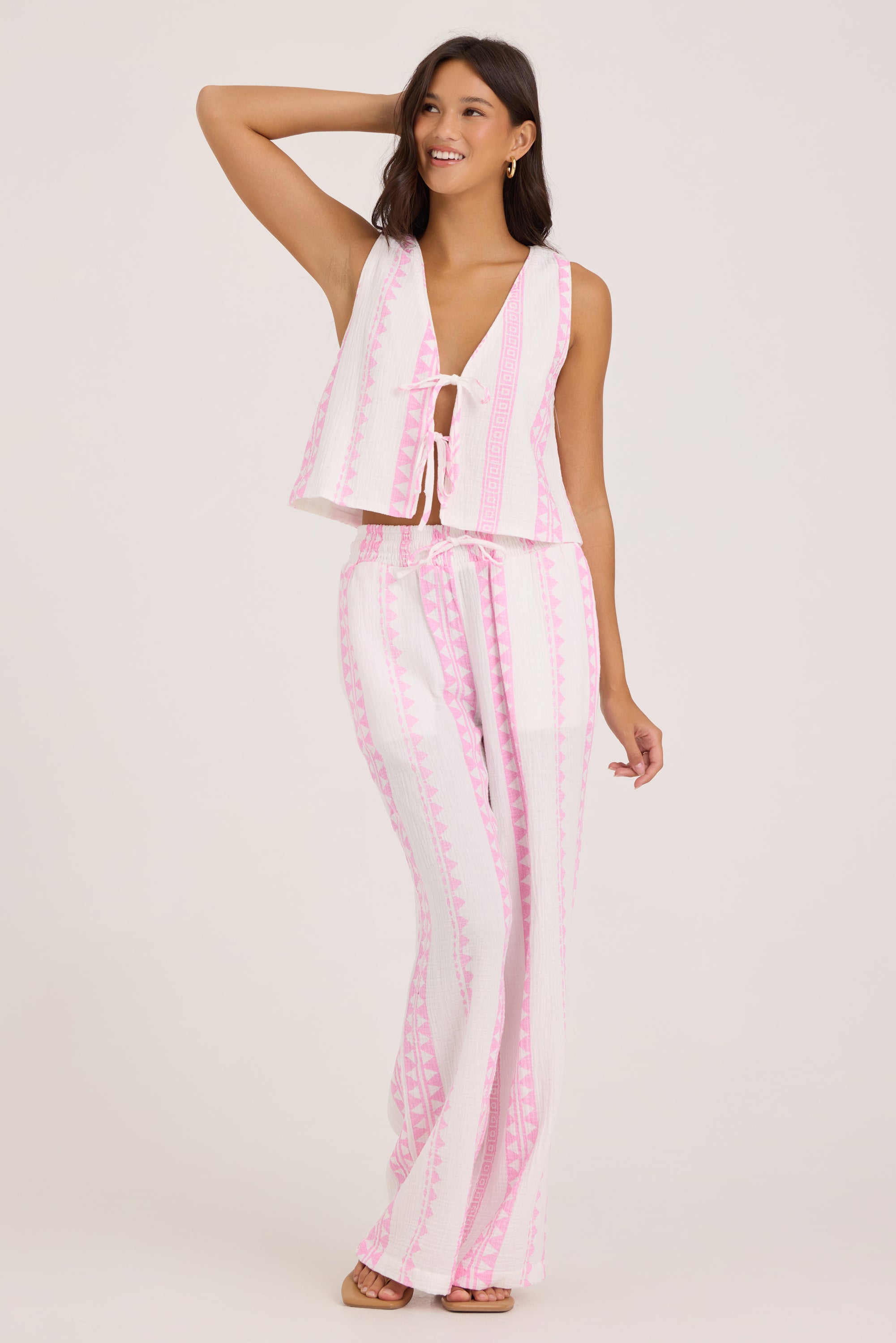 Printed Gauze Tie Front Vest - Pink Tribal Stripe