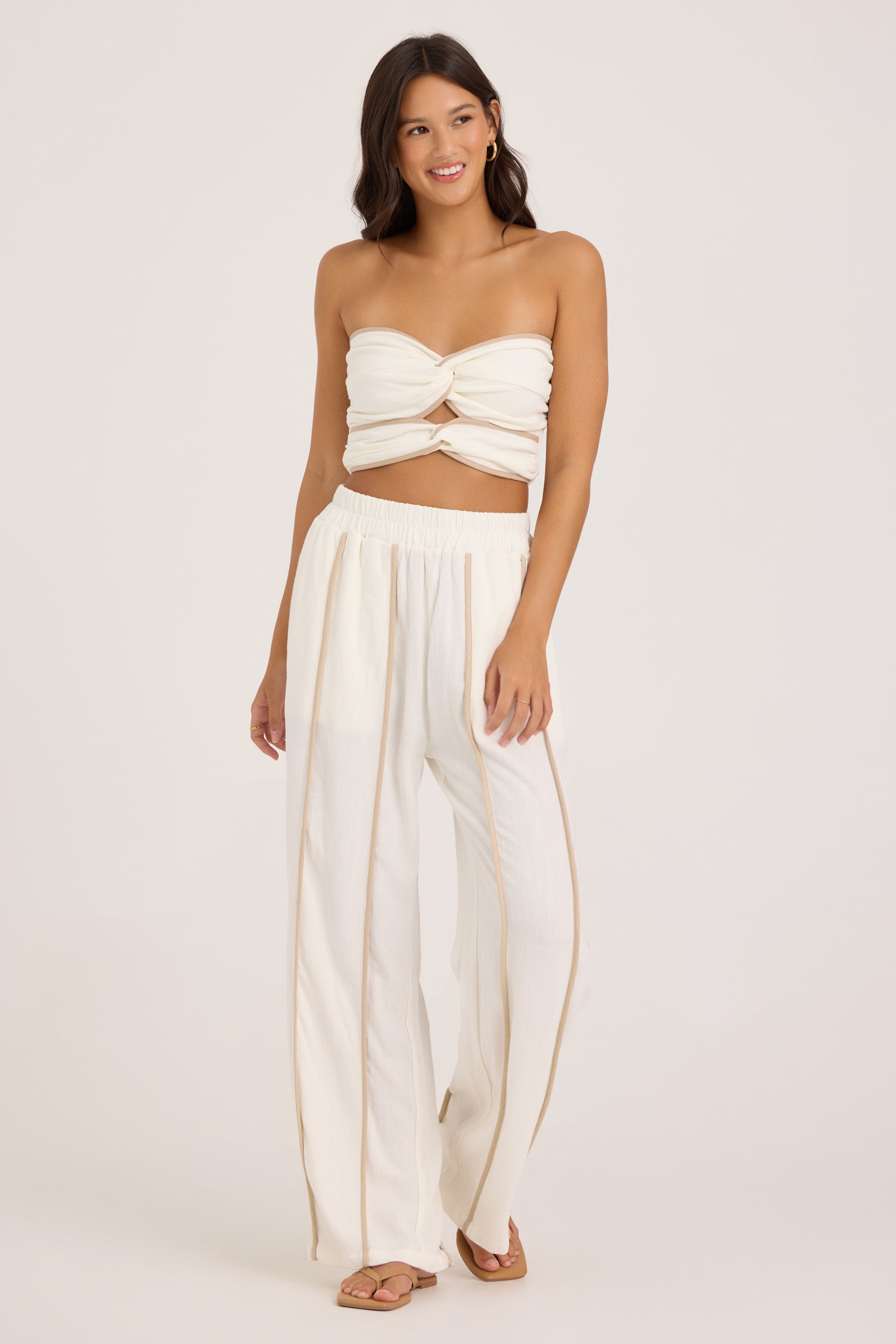 Viscose Linen Twist Front Tube Top - White Tan