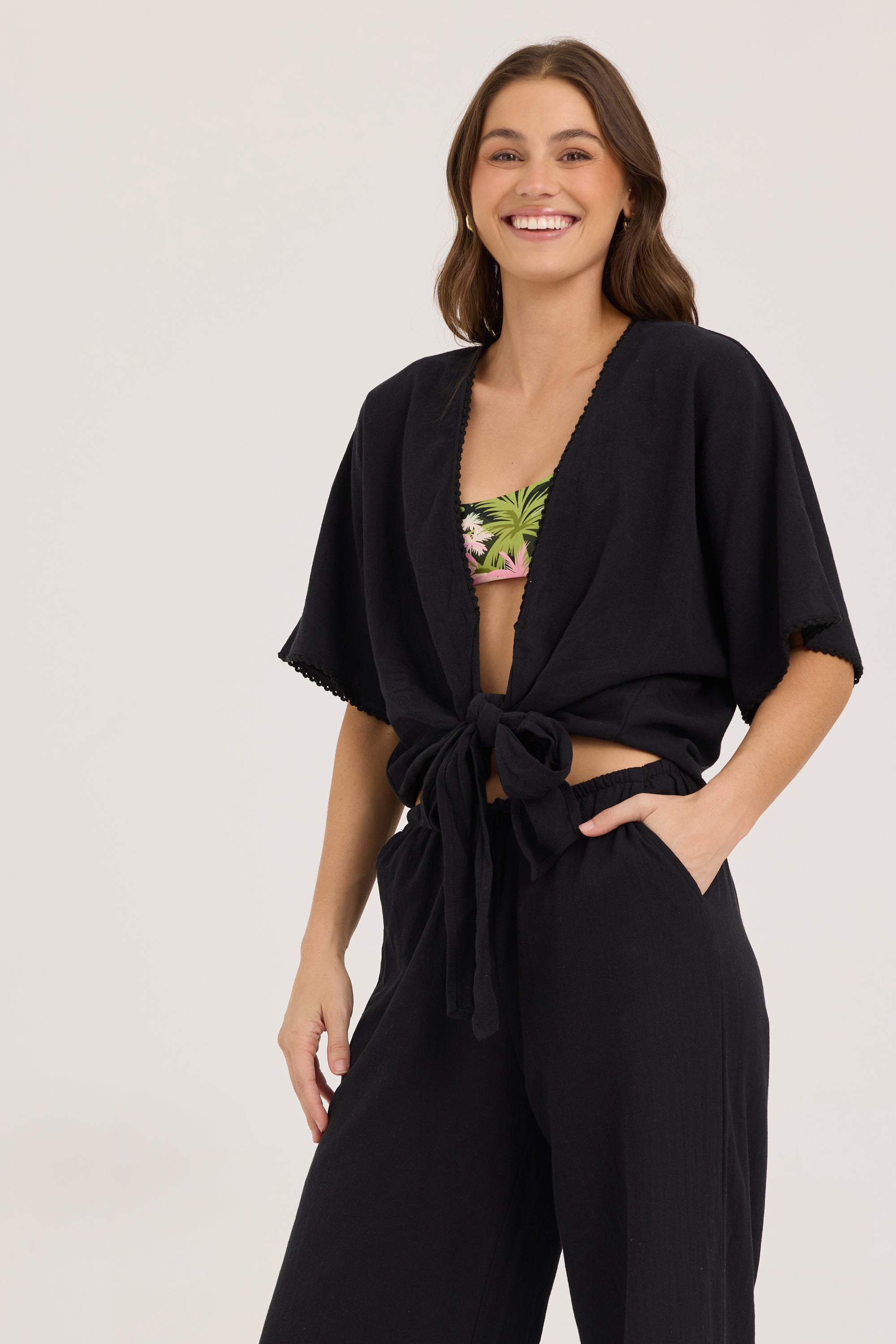 Textured Cotton Tie Front Top - Black