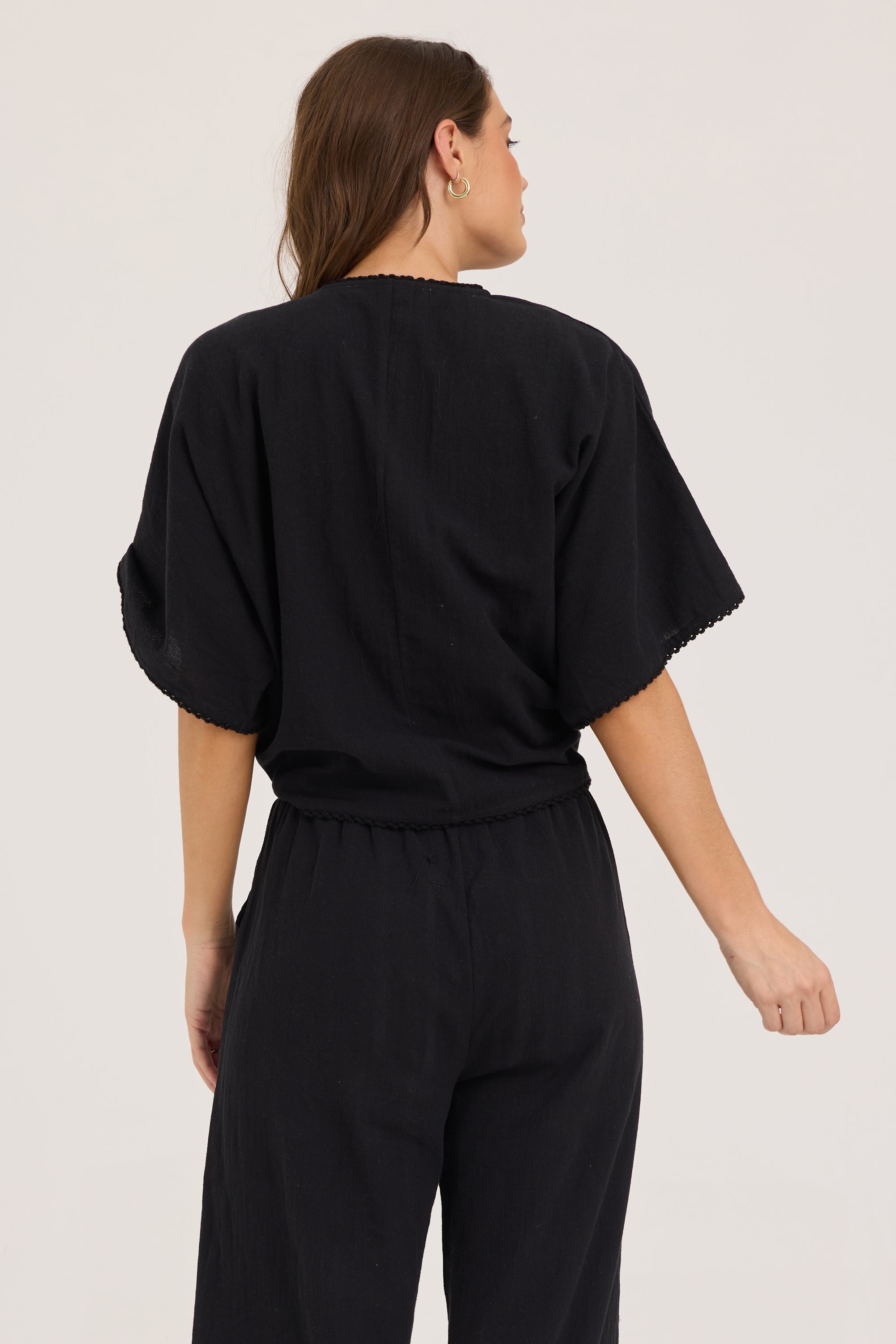 Textured Cotton Tie Front Top - Black