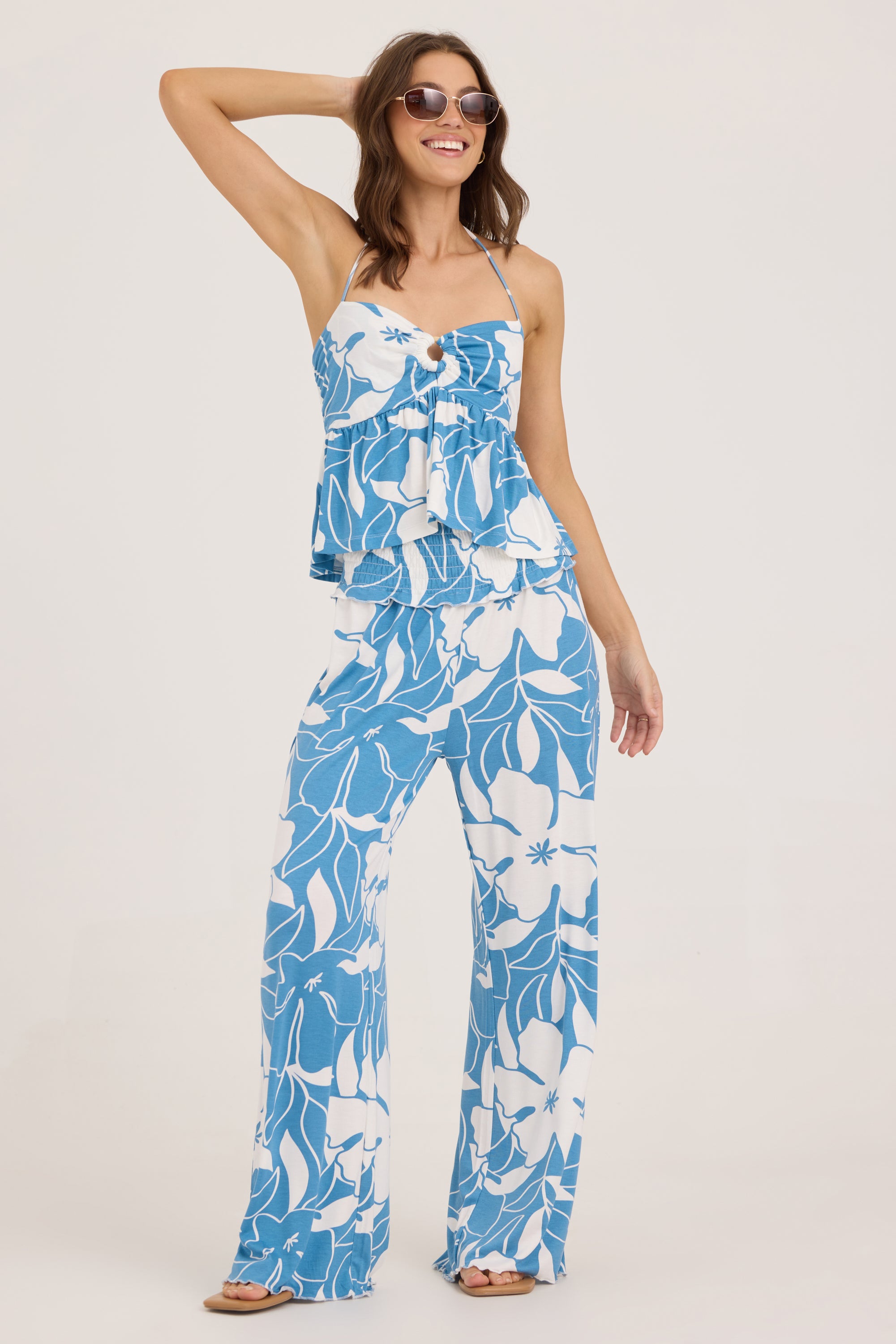 Printed Smocked Waist Wide Leg Pant - Blue Jumbo Floral