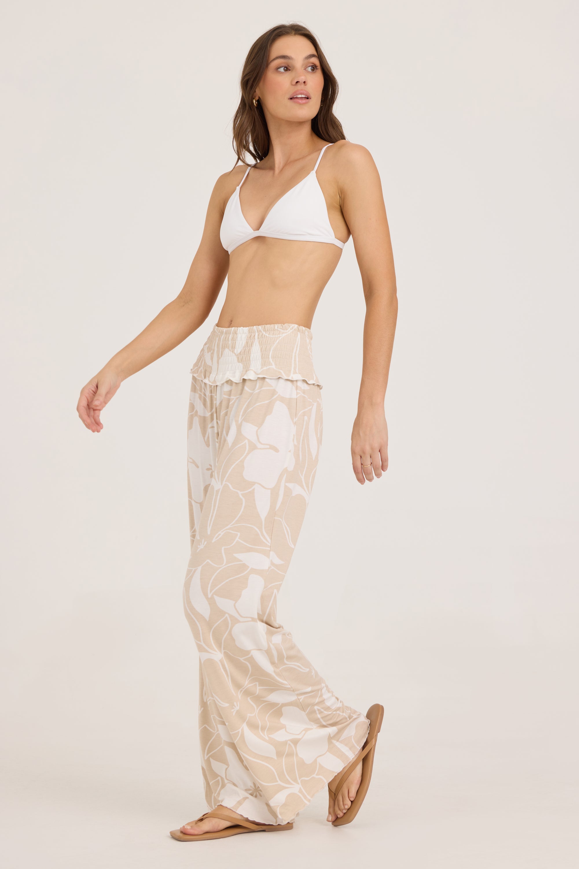 Printed Smocked Waist Wide Leg Pant - Sand Jumbo Floral