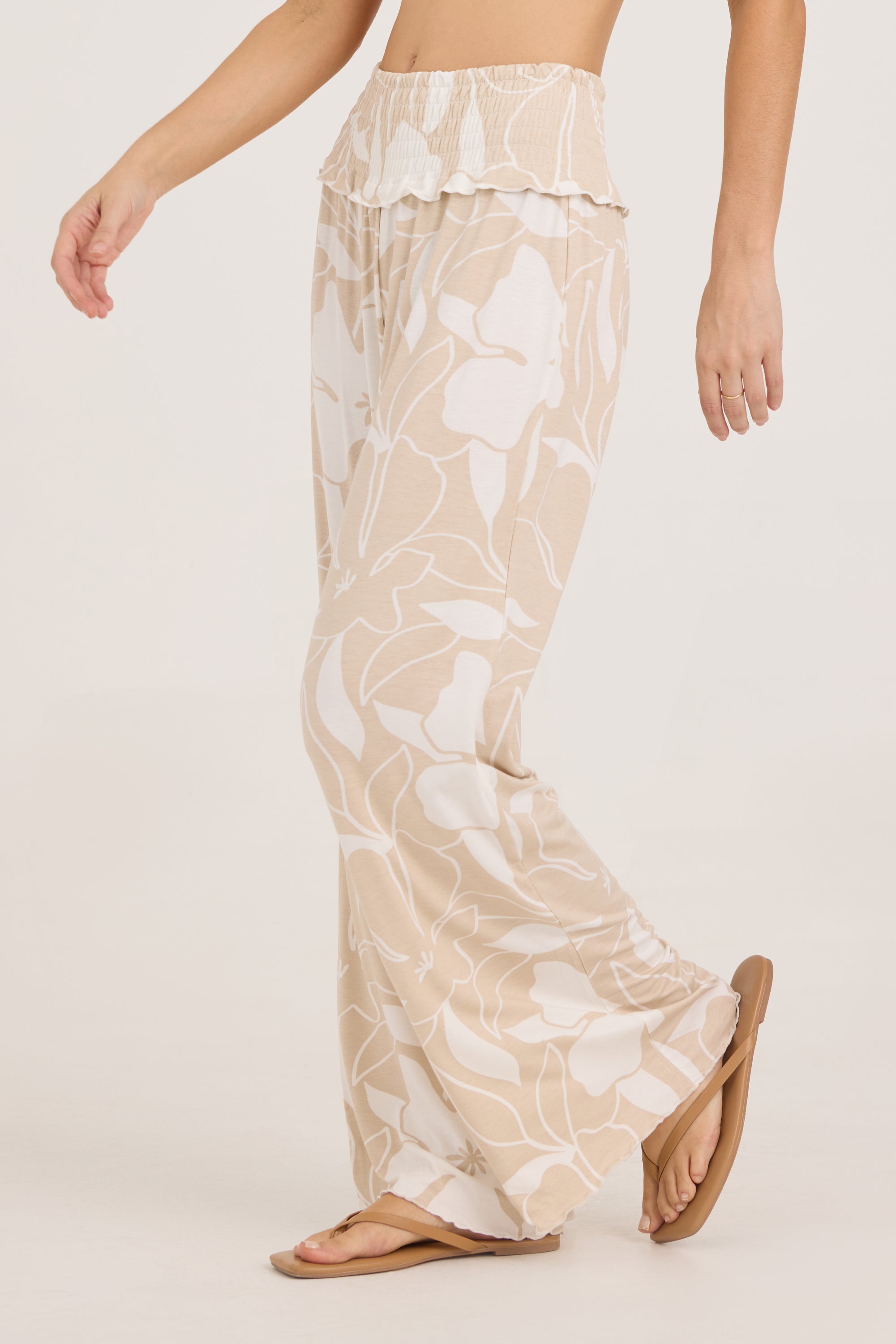 Printed Smocked Waist Wide Leg Pant - Sand Jumbo Floral
