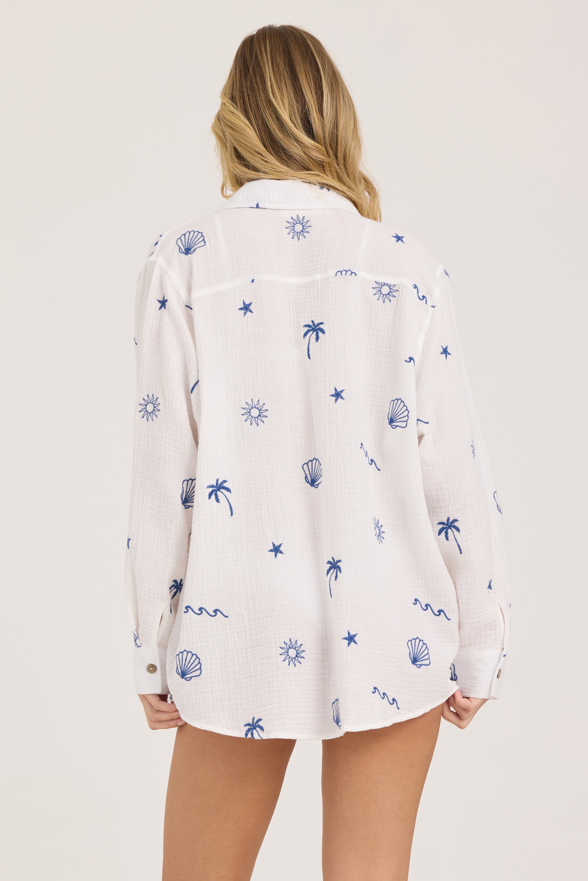 Gauze Button Up With All Over Emb - White with Blue