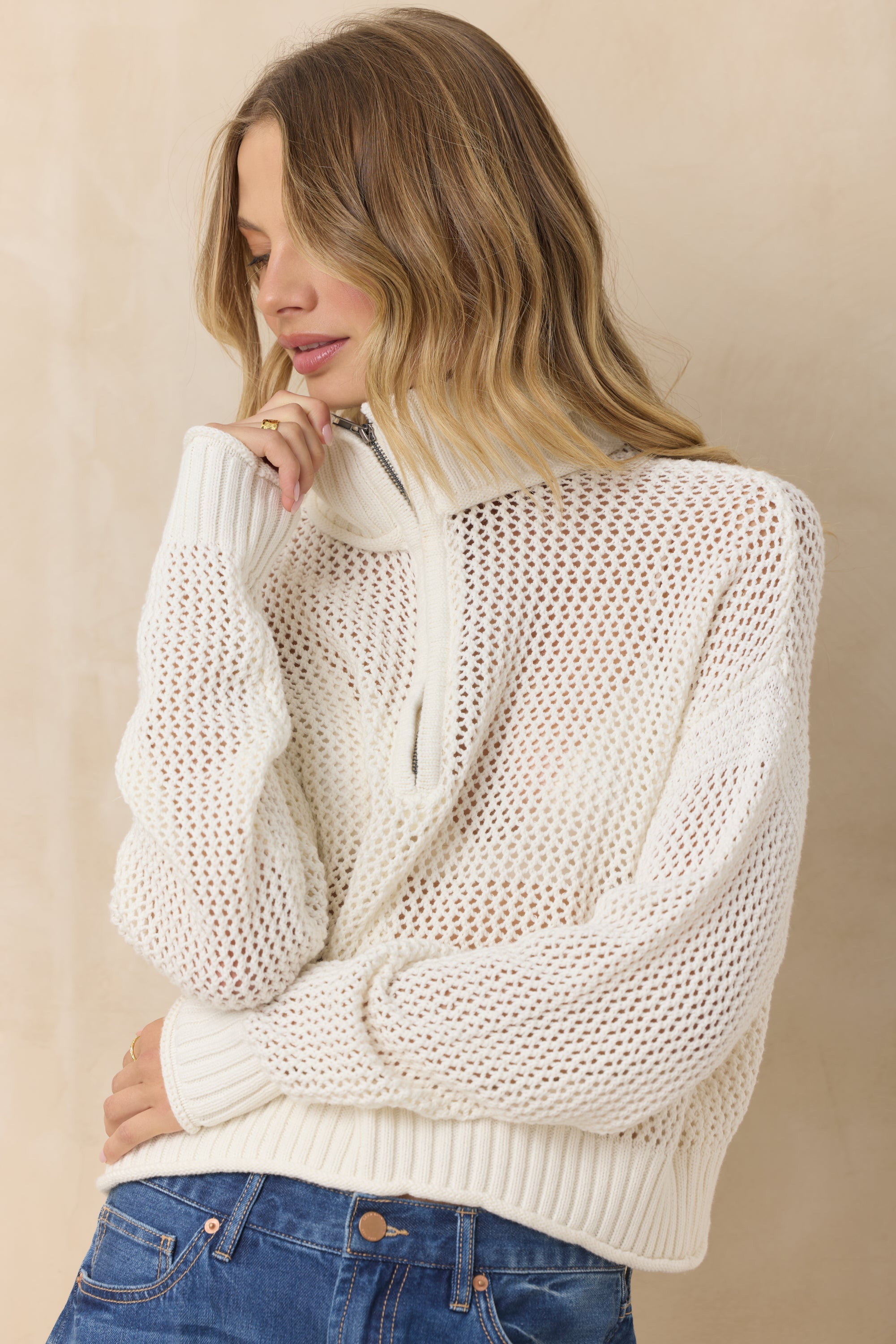 Open Knit Quarter Zip Sweater