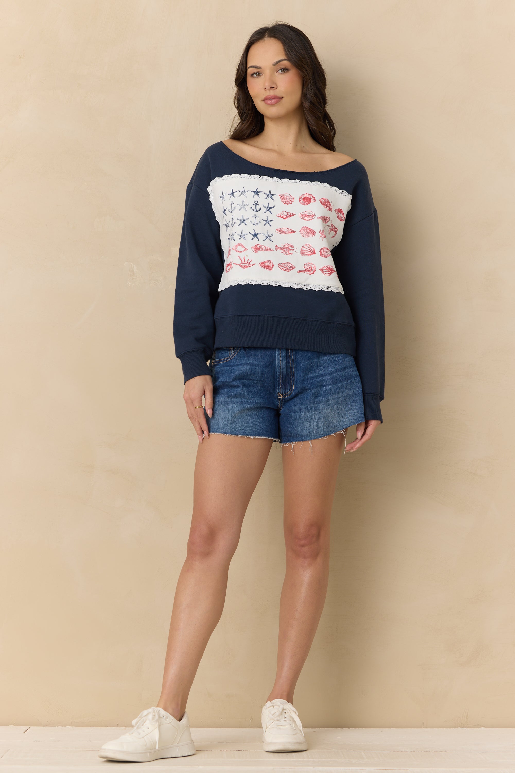 Off the Shoulder Sweatshirt with Coastal Flag