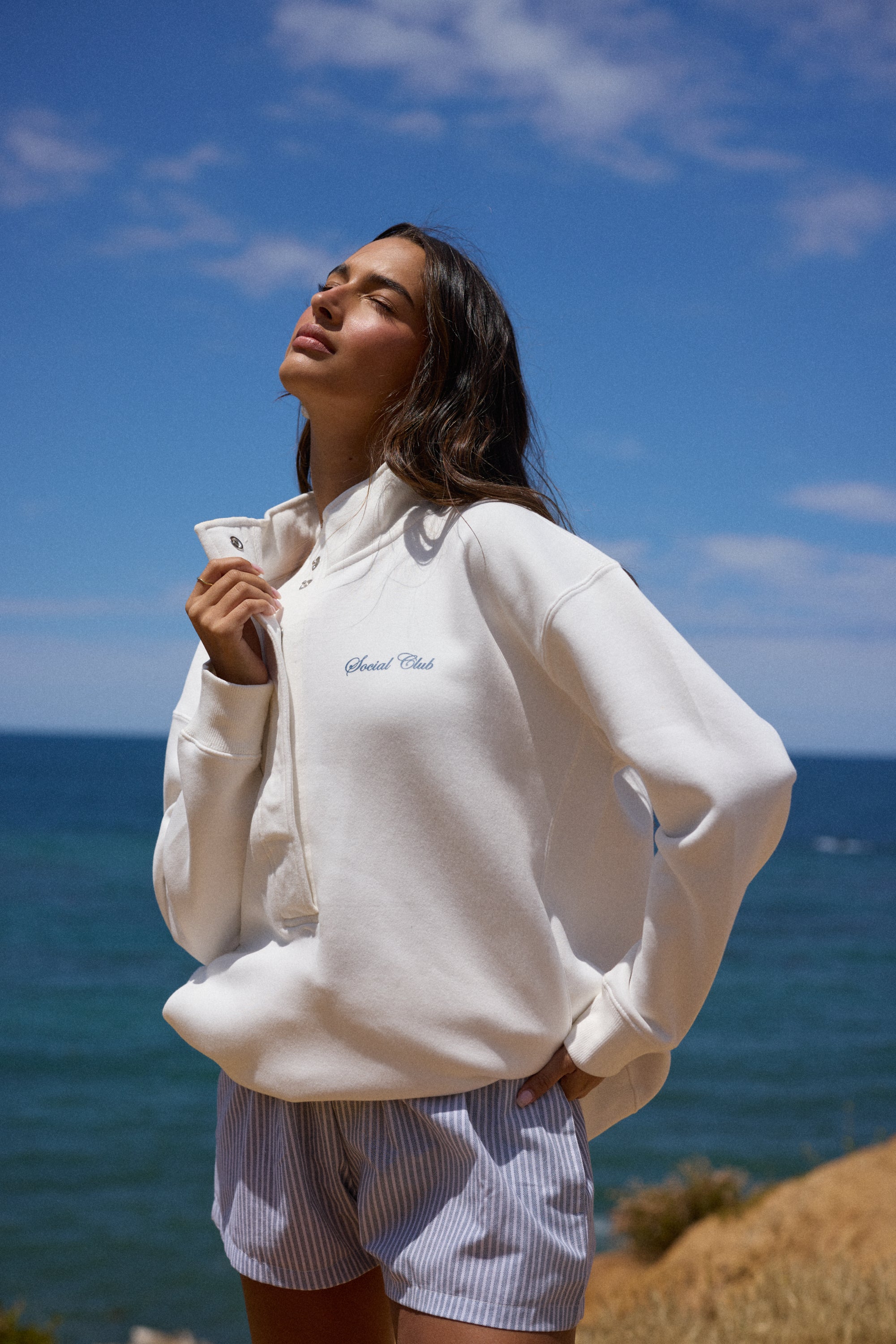 "Social Club" 3/4 Button Sweatshirt - Coconut