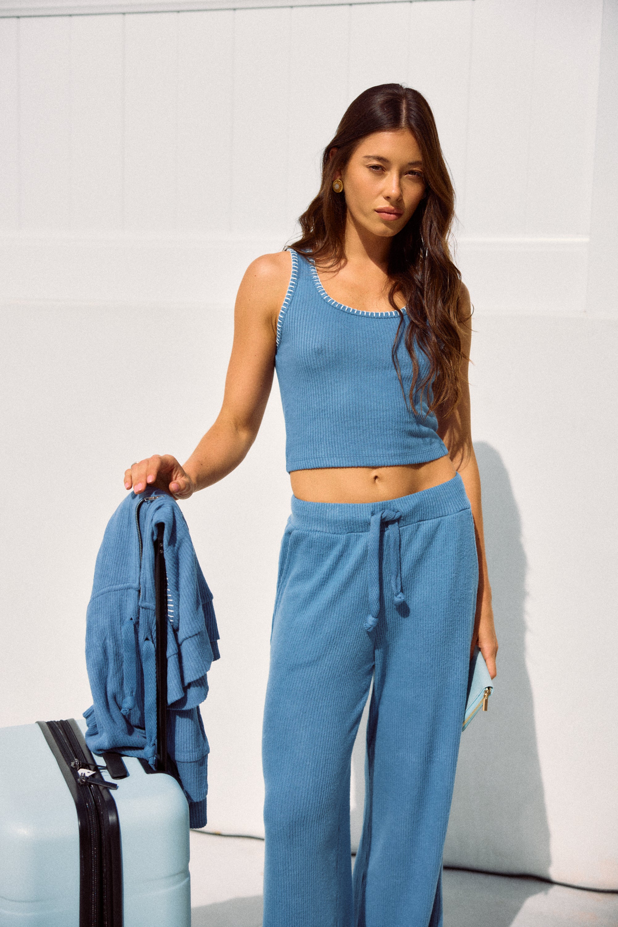 Ribbed Hacci Whip Stitch Tank - Bali Blue/White