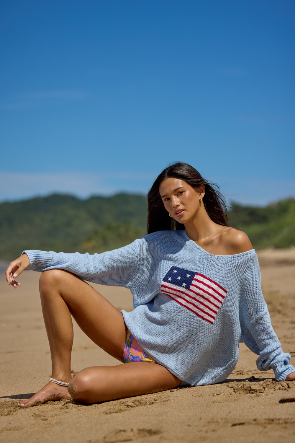American Flag Graphic Sweater - Lt Blue