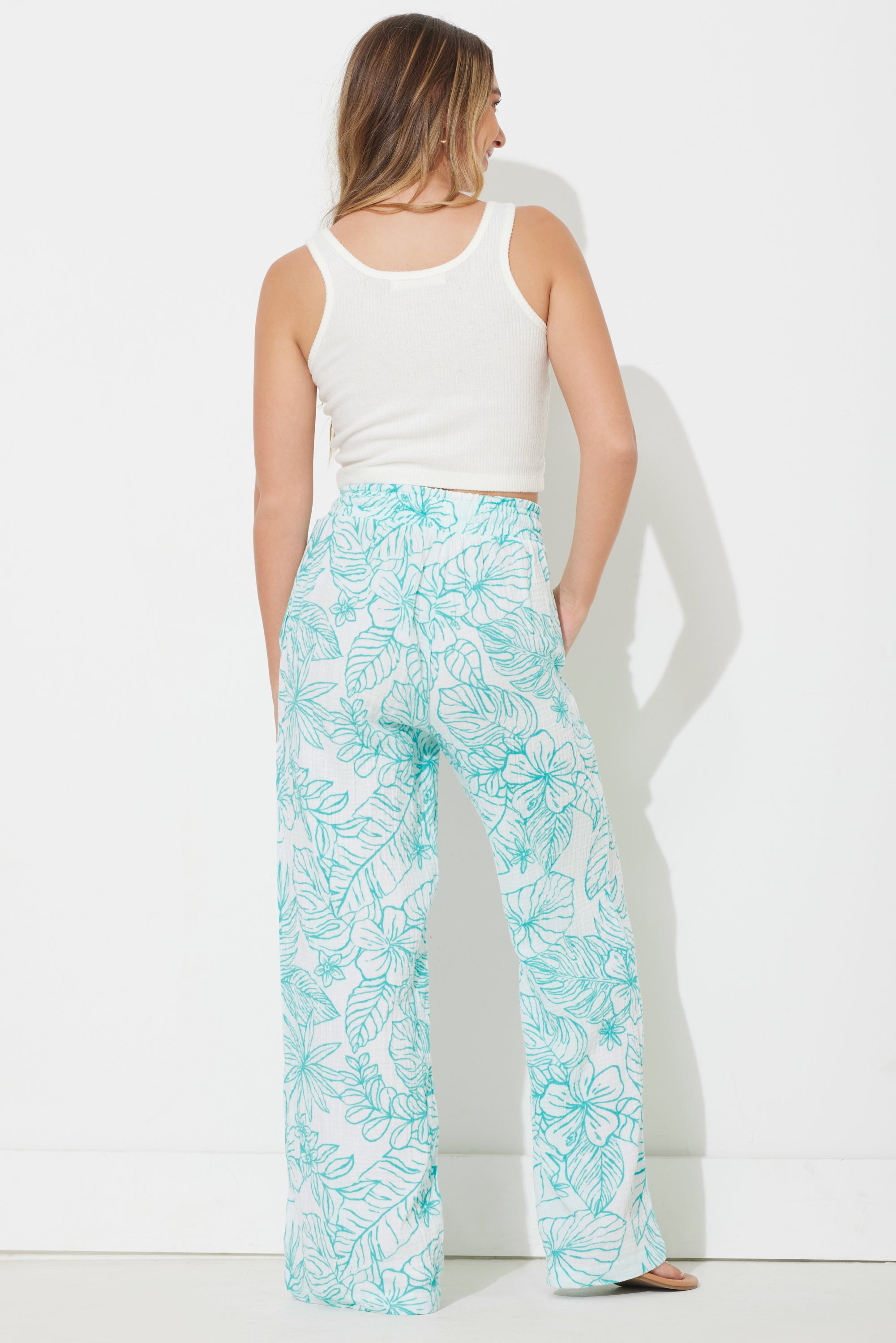 Teal Green Printed Gauze Pant