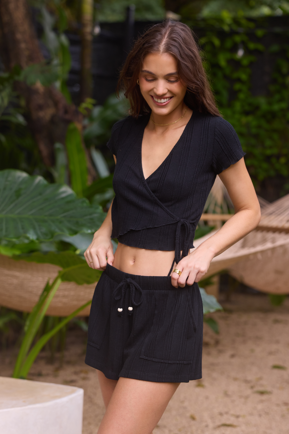 Novelty Rib Knit Shorts - Black