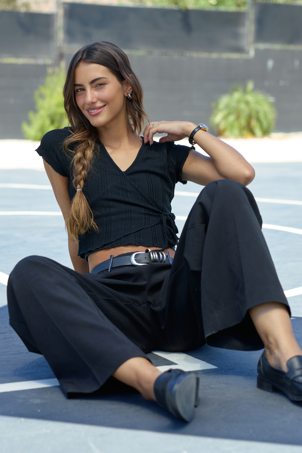 Novelty Rib Knit Wrap Tee - Black