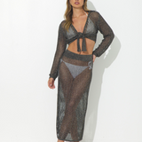 Black Gold Crochet Long Sleeve Tie Front Top