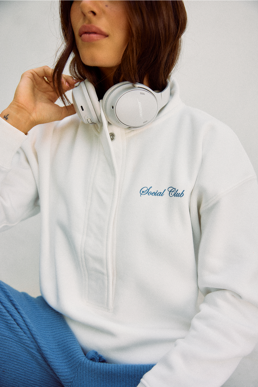 "Social Club" 3/4 Button Sweatshirt - Coconut